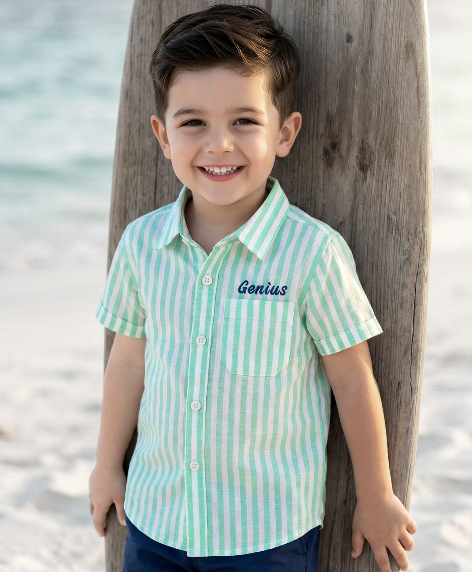 Babyhug Cotton Woven Half Sleeves Striped Shirt with Genuis Text Embroidery - Green-image-1