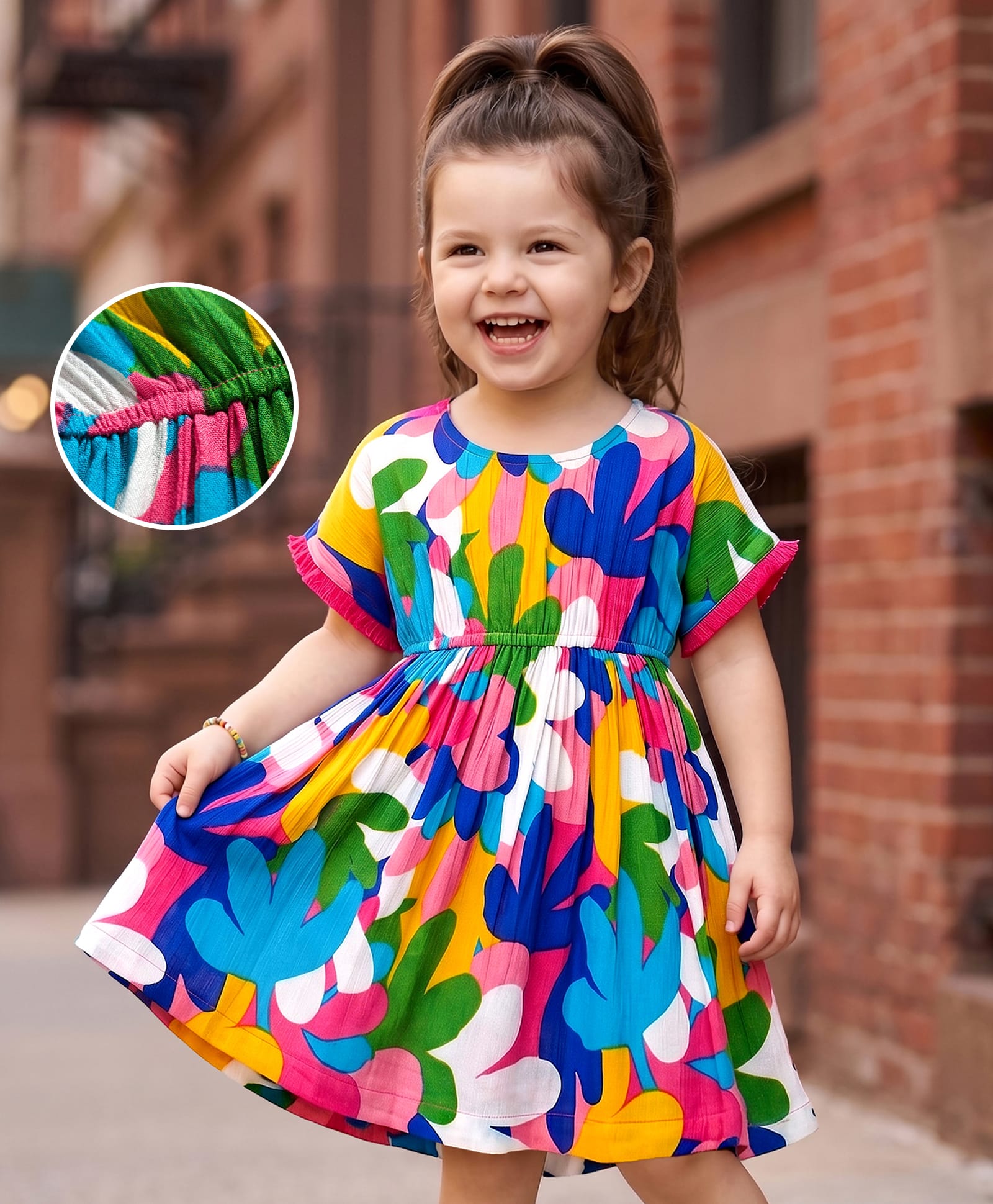 Kookie Kids Cotton Viscose Linen Woven Ruffled Half Sleeves Dress with Floral Print - Multicolor-image-49