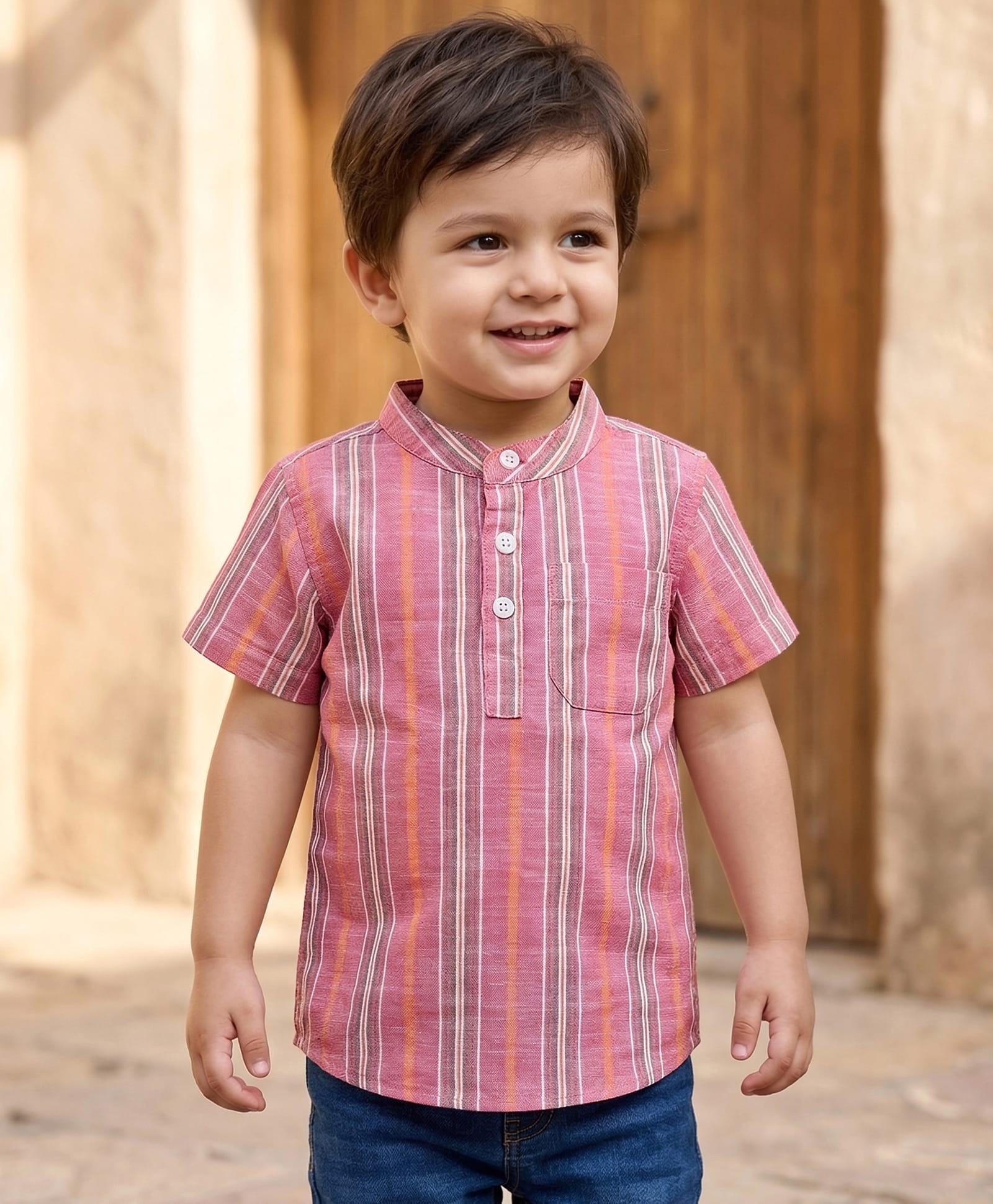 Babyhug Cotton Woven Half Sleeves Mandarin Collar Striped Kurta Shirt - Multicolor-image-18