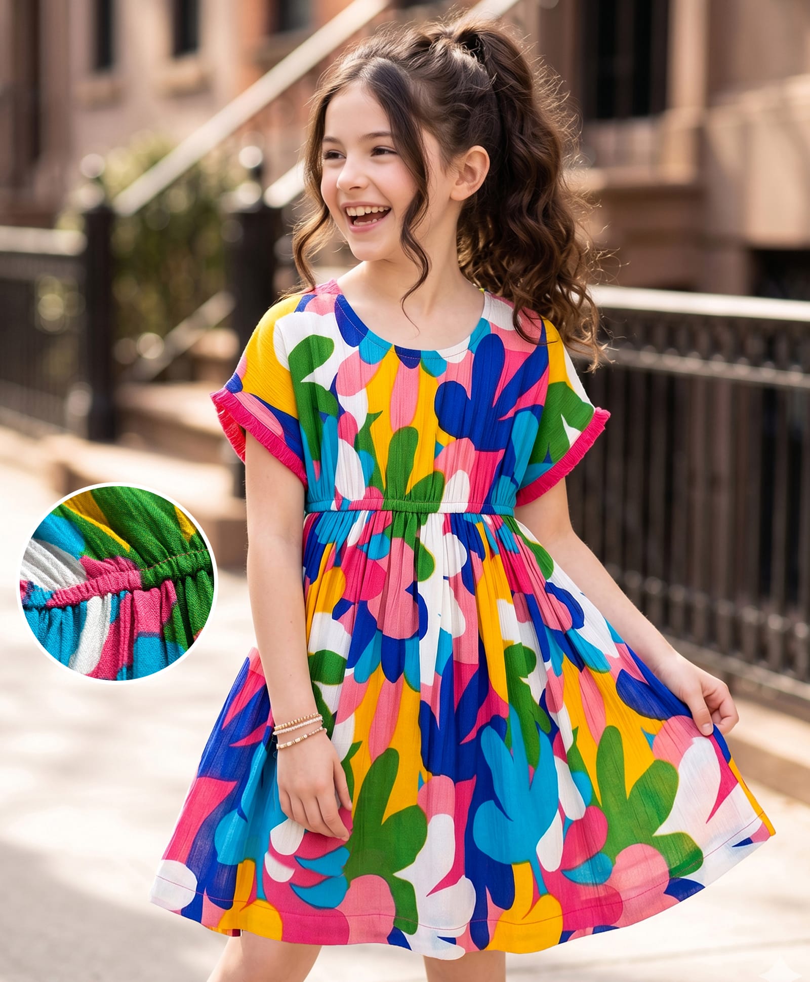 Kookie Kids Cotton Viscose Linen Woven Half Sleeves Kaftan Style Dress with Ruffles on Sleeves - Multicolor-image-47