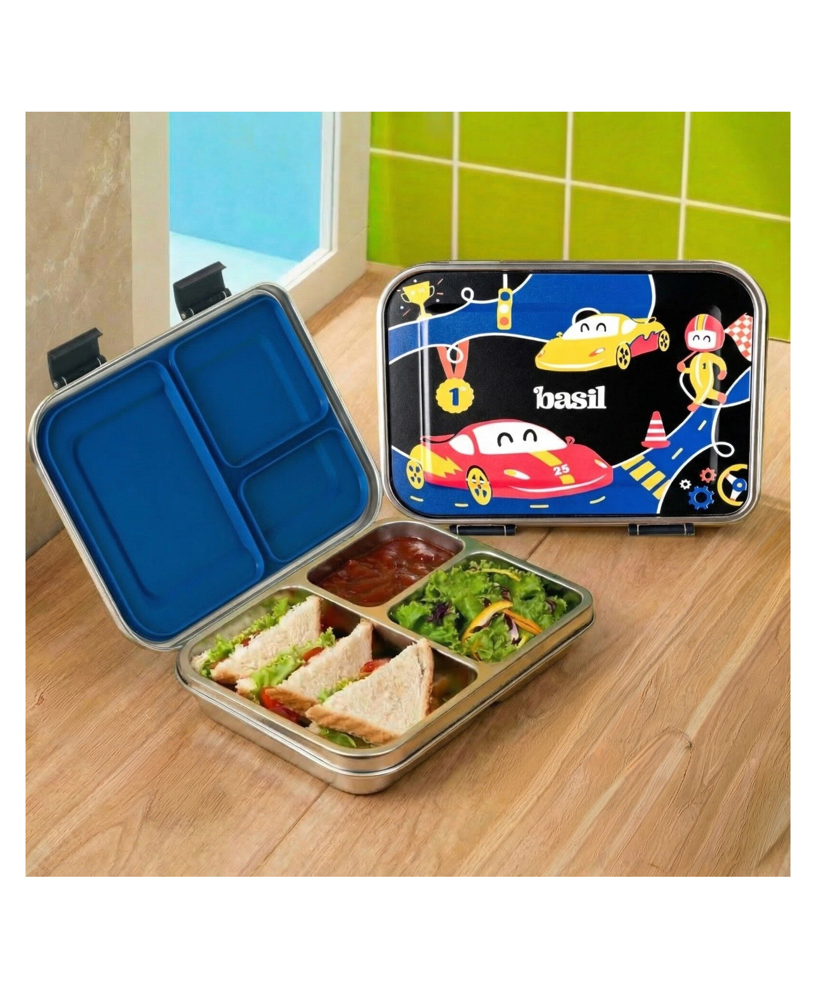 Basil Bento Neo Stainless Steel 975 ml Tiffin Box for Kids ,Teens & Adults Black Car-image-40