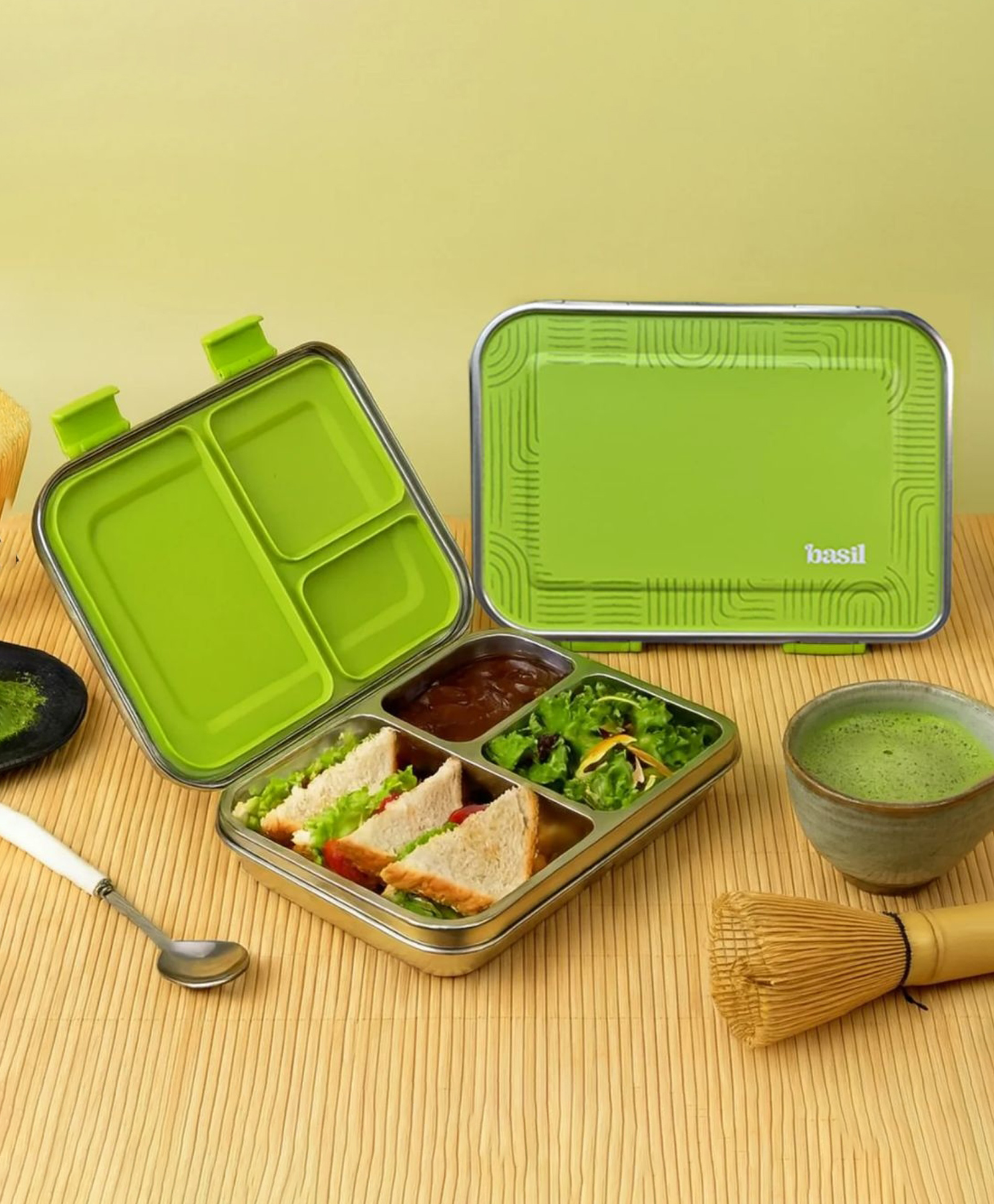 Basil Bento Neo Classic Stainless Steel 975 ml Tiffin Box for Kids ,Teens & Adults Matcha-image-4