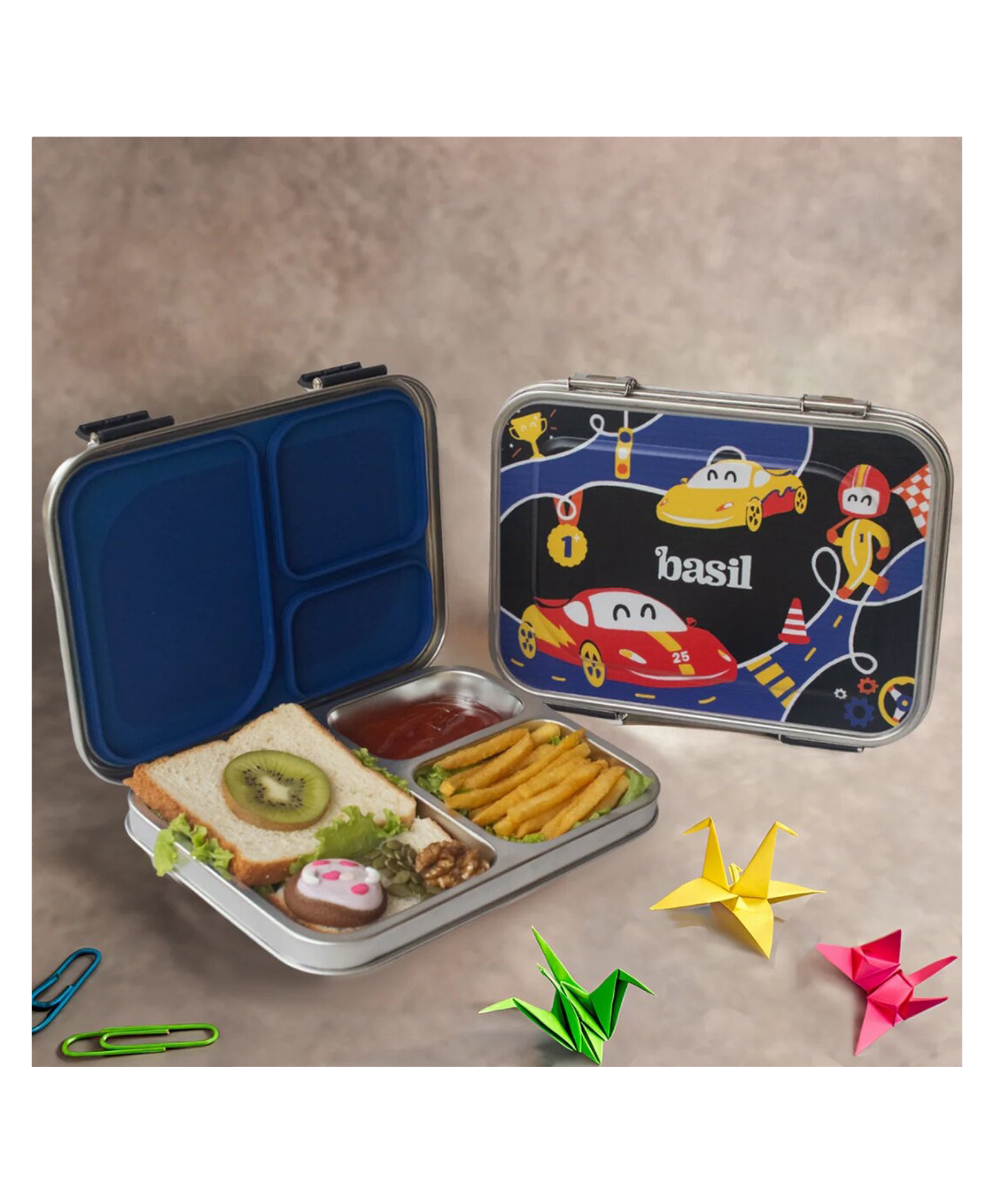 Basil Bento Original 900 ml Stainless Steel 3-Compartment Leak-Proof Kids Lunch Box Black Car-image-15