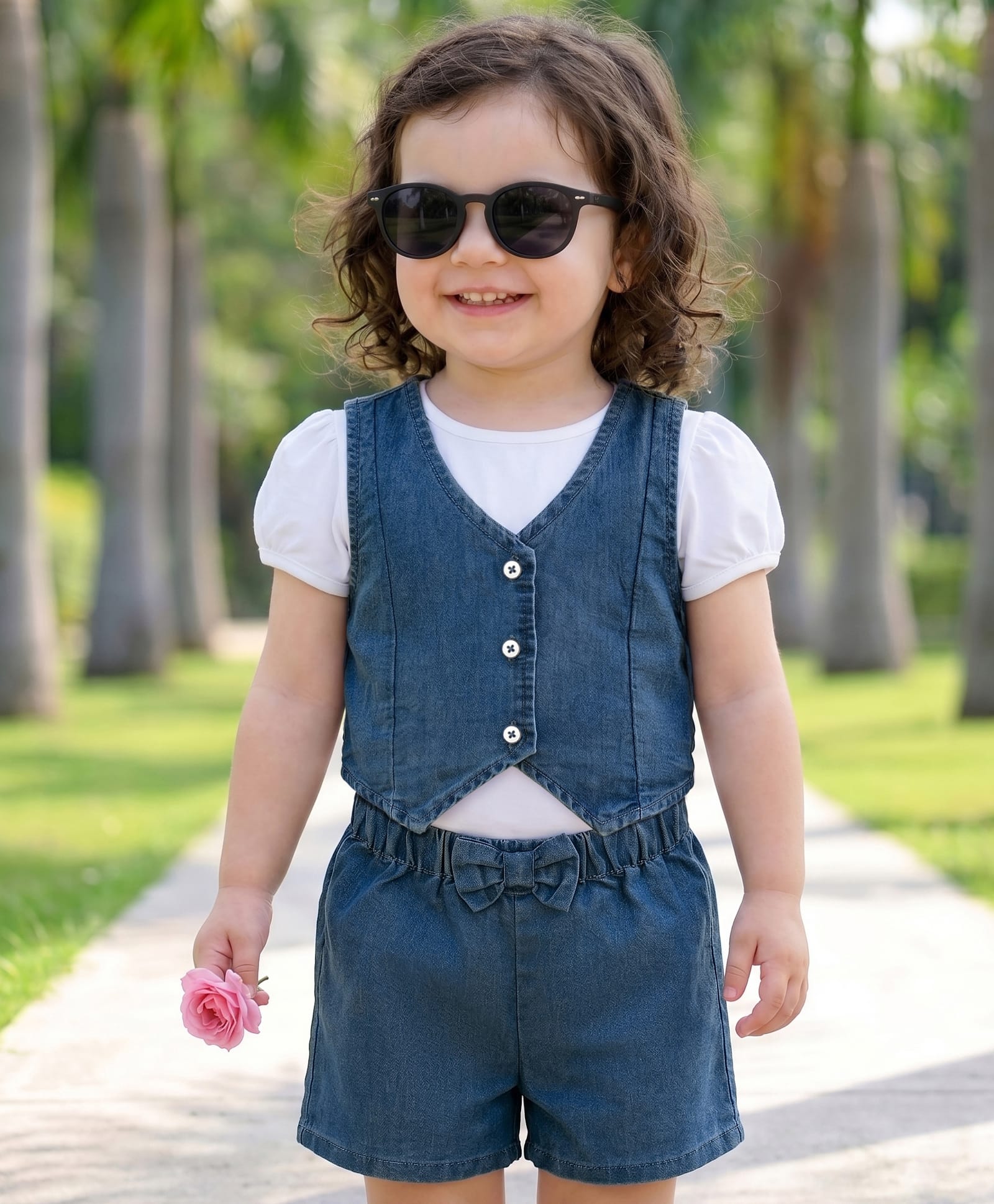 Babyoye Denim Woven Half Sleeves Mid Wash Solid Color T-Shirt & Shorts Set with Waistcoat - Blue-image-9