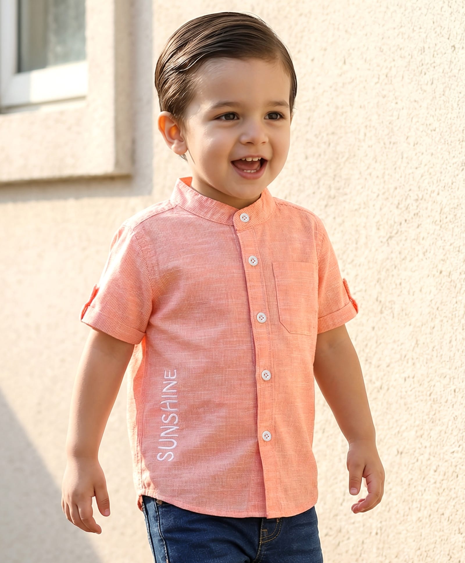 Babyhug Cotton Woven Half Sleeve Mandarin Collar Shirt - Light Orange-picture-28