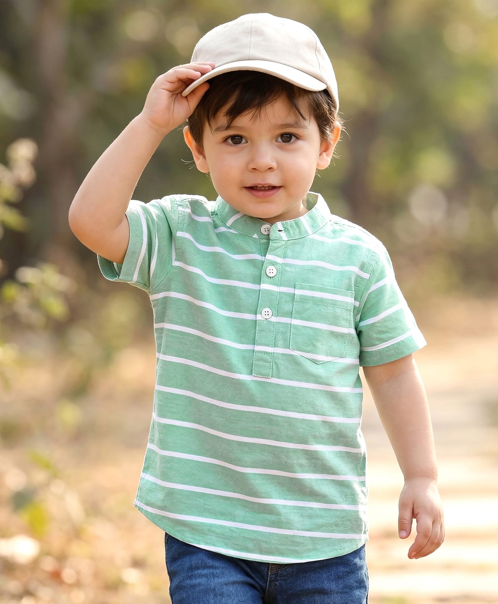 Babyhug Cotton Woven Half Sleeves Mandarin Collar Striped Kurta Shirt - Green-image-22