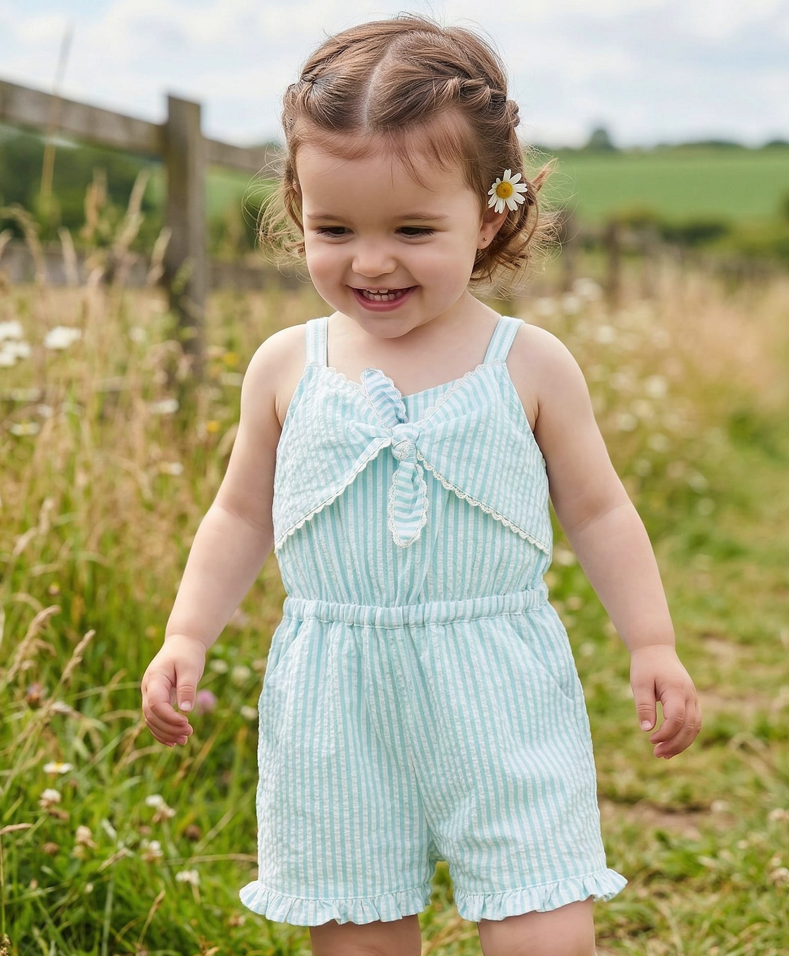 Babyoye Cotton Woven Sleeveless Striped Jumpsuit With Bow Applique - Light Blue-image-26