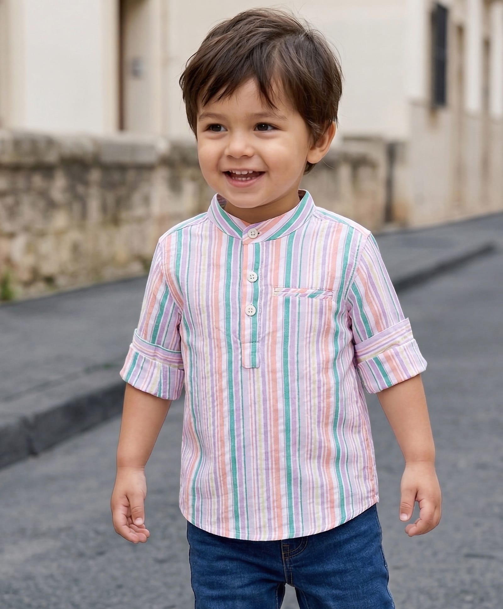 Babyhug Cotton Woven Full Sleeves Mandarin Collar Striped Kurta Shirt - Multicolor-image-20