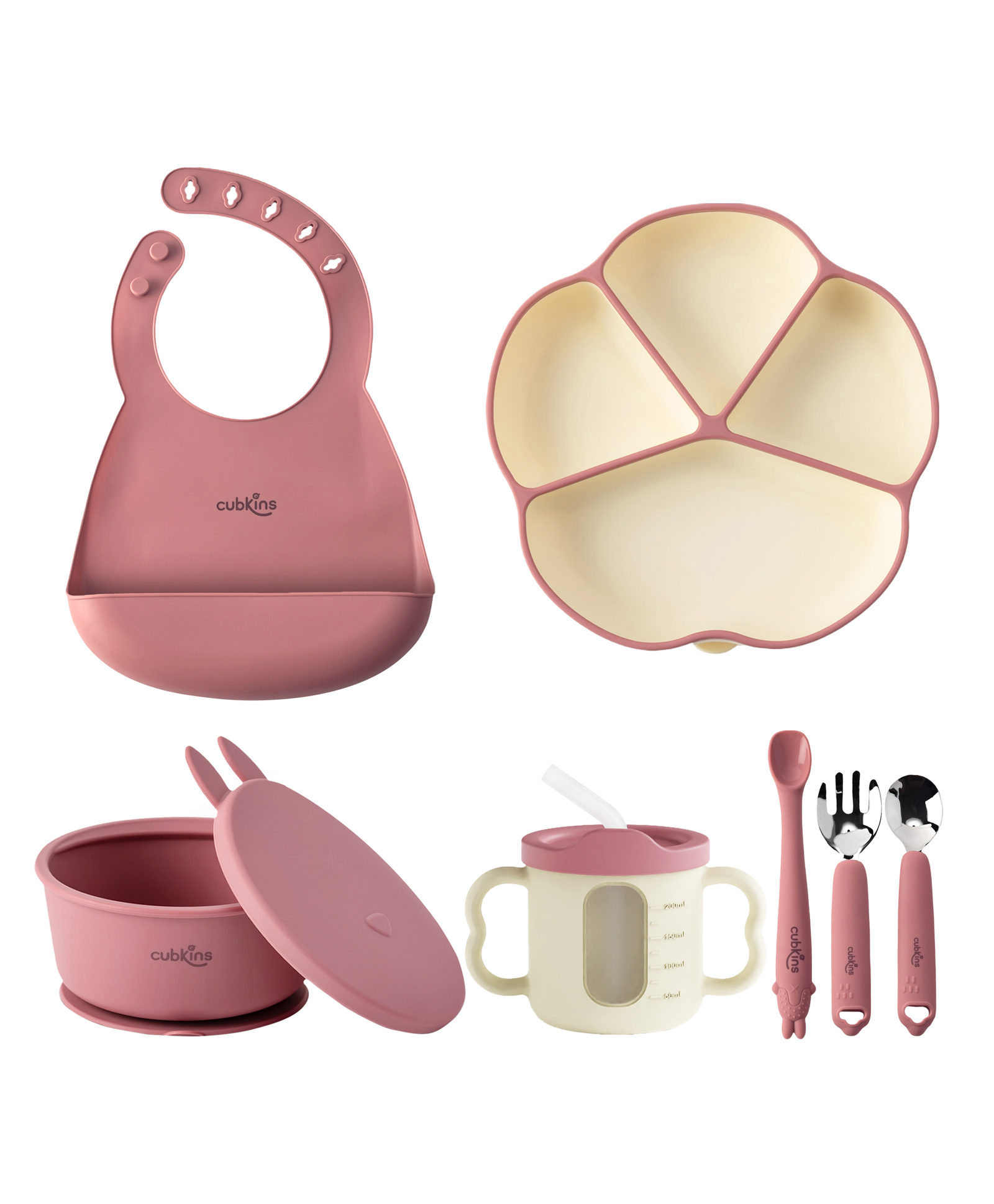 CUBKINS Dual Tone Feeding Set of 7 Pcs - Plate, Bib, Bowl, Dual Tone Sippy Cup, SS Fork, SS Spoon, Bendable Spoon | BPA Free, Food Grade, FDA Approved | (Raspberry)-image-3