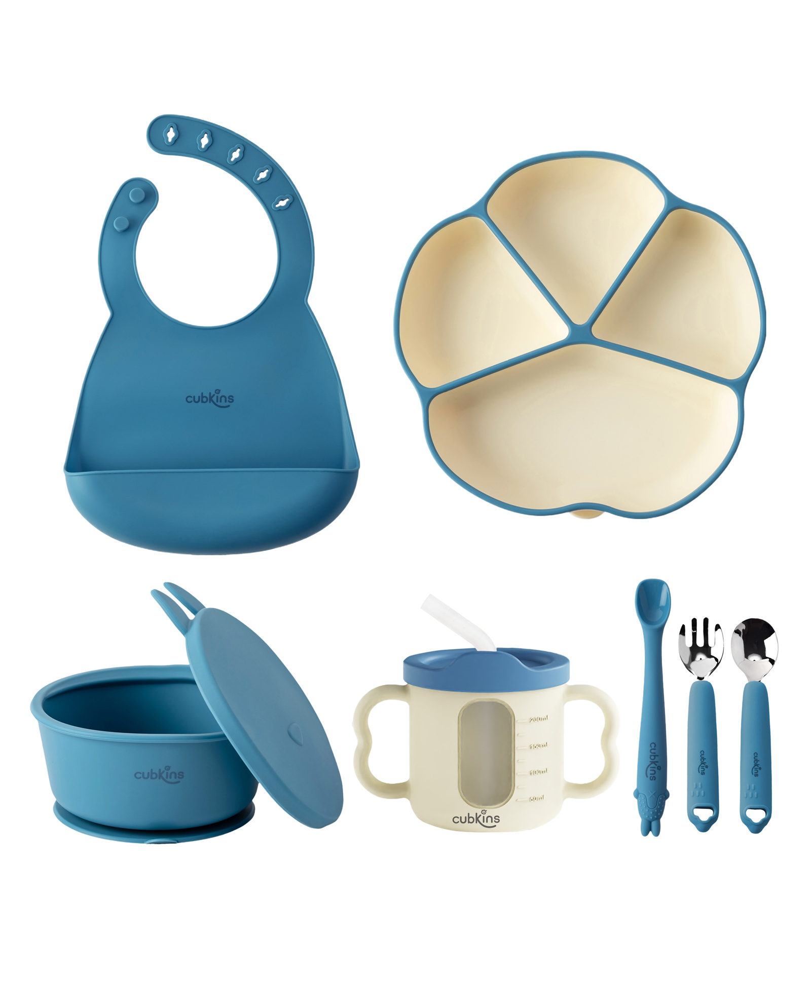 CUBKINS Dual Tone Feeding Set of 7 Pcs - Plate, Bib, Bowl, Dual Tone Sippy Cup, SS Fork, SS Spoon, Bendable Spoon | BPA Free, Food Grade, FDA Approved | (Blue Olive)-image-24