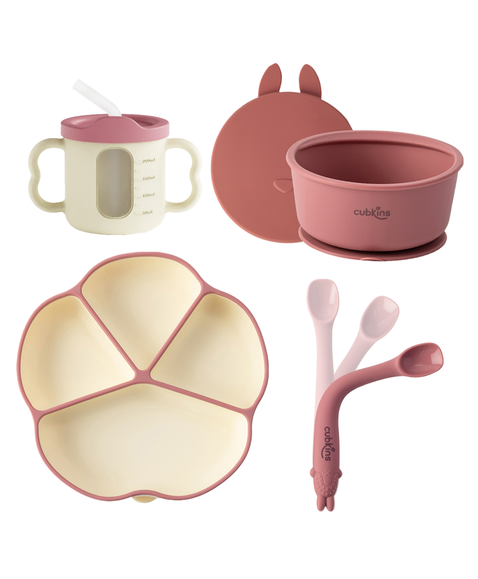 CUBKINS Set of 4 pcs - Plate, Bowl, Dual tone Sippy Cup, Early Feeding Bendable Spoon | Designed for Babies, Infants & Toddlers | BPA Free, Food Grade, FDA Approved (Raspberry)-image-9