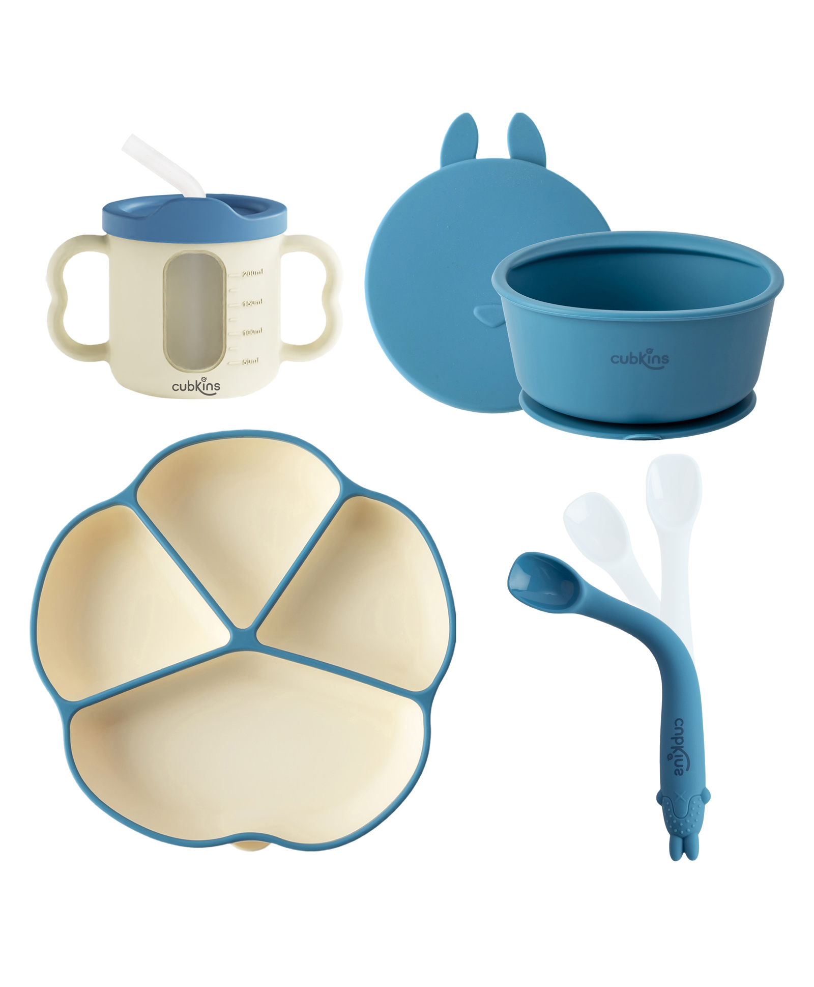CUBKINS Set of 4 pcs - Plate, Bowl, Dual tone Sippy Cup, Early Feeding Bendable Spoon | Designed for Babies, Infants & Toddlers | BPA Free, Food Grade, FDA Approved (Blue Olive)-image-36