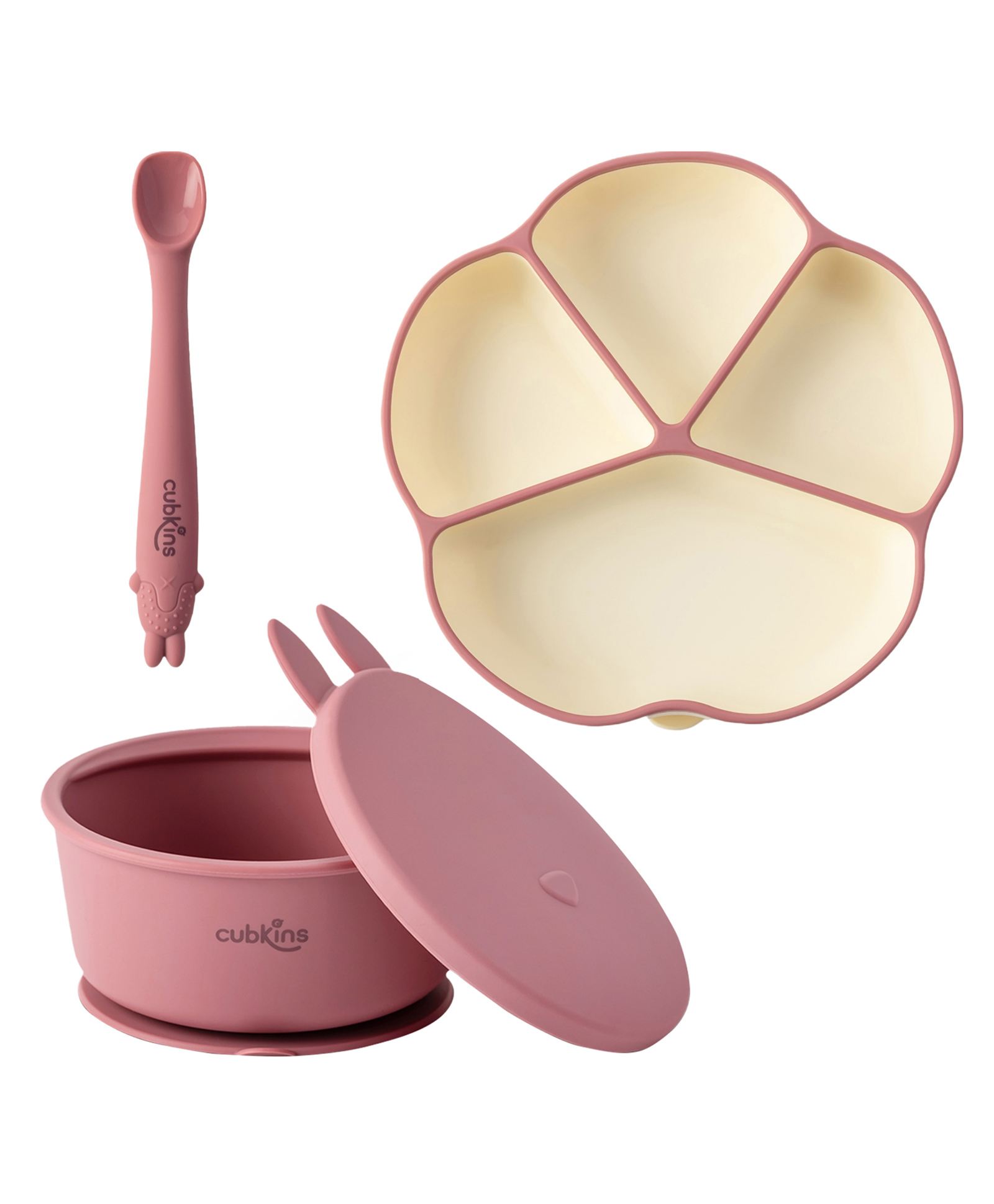 CUBKINS Set of 3 pcs - Plate, Bowl, Early Feeding Bendable Spoon | Designed for Babies, Infants & Toddlers | BPA Free, Food Grade, FDA Approved (Raspberry)-image-31