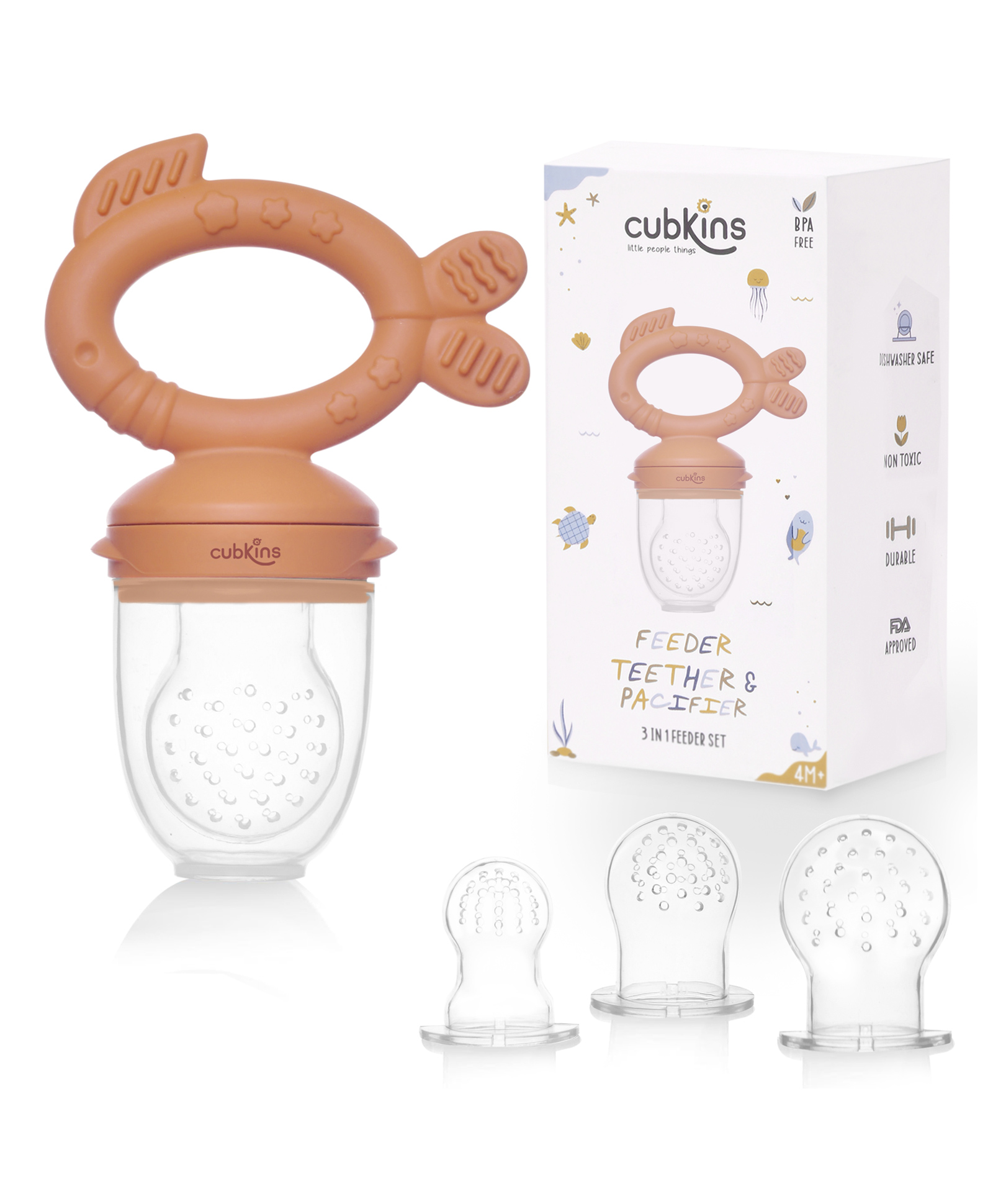 CUBKINS 3 In 1 FEEDER, TEETHER & PACIFIER for Babies | 100% Pure Silicone | 4 Months+ | Fruits, Vegetables, Breast Milk, Purees | 3 Nipple sizes | Dust Free Cover (Apricot)-picture-11