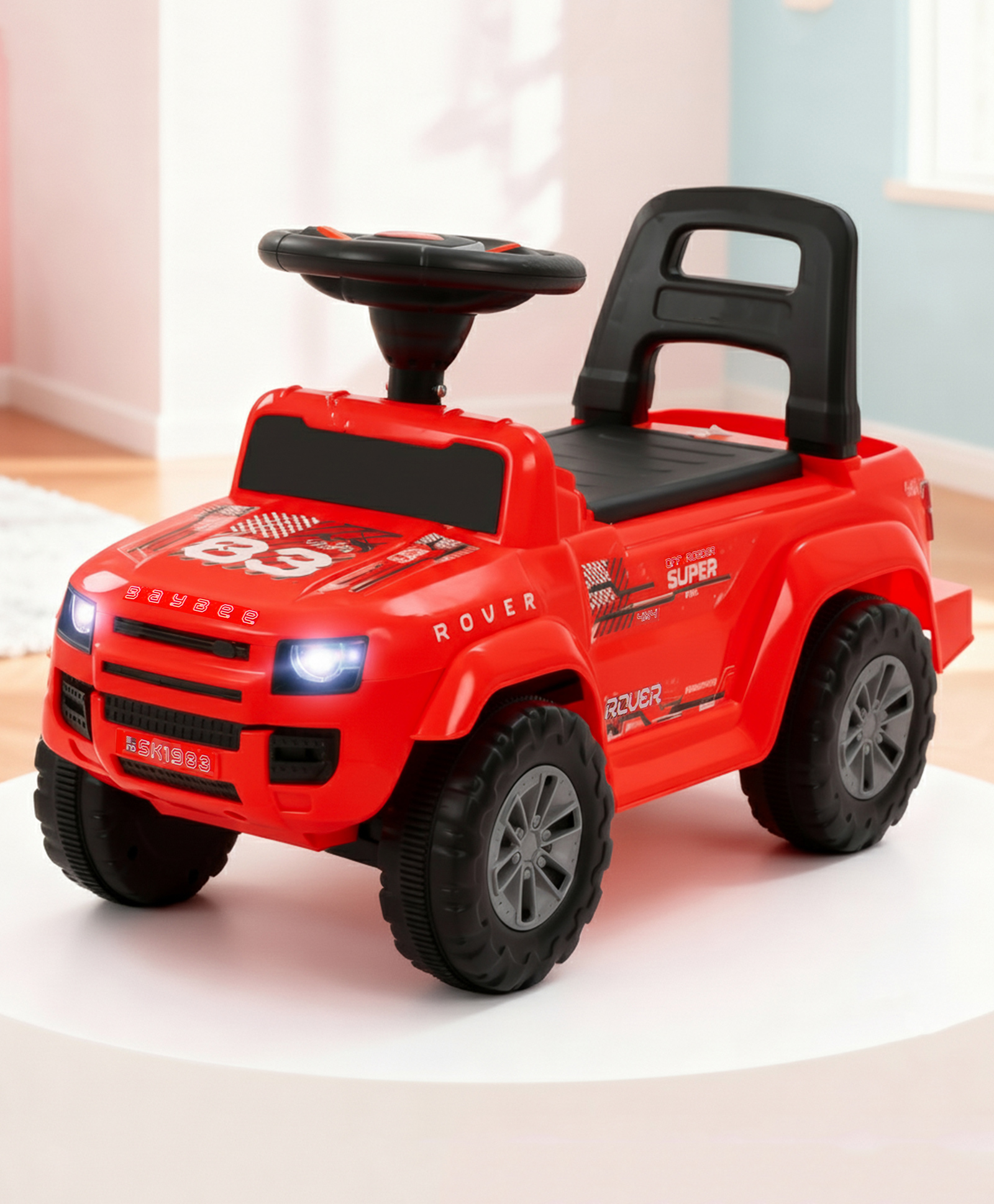 Baybee Rover Baby Ride on Car for Kids | Push Rideons Toys Car with LED Lights & Music | Portable Ride on Jeep with Backrest & Toy Storage Basket | Kids Car to Drive (Red)