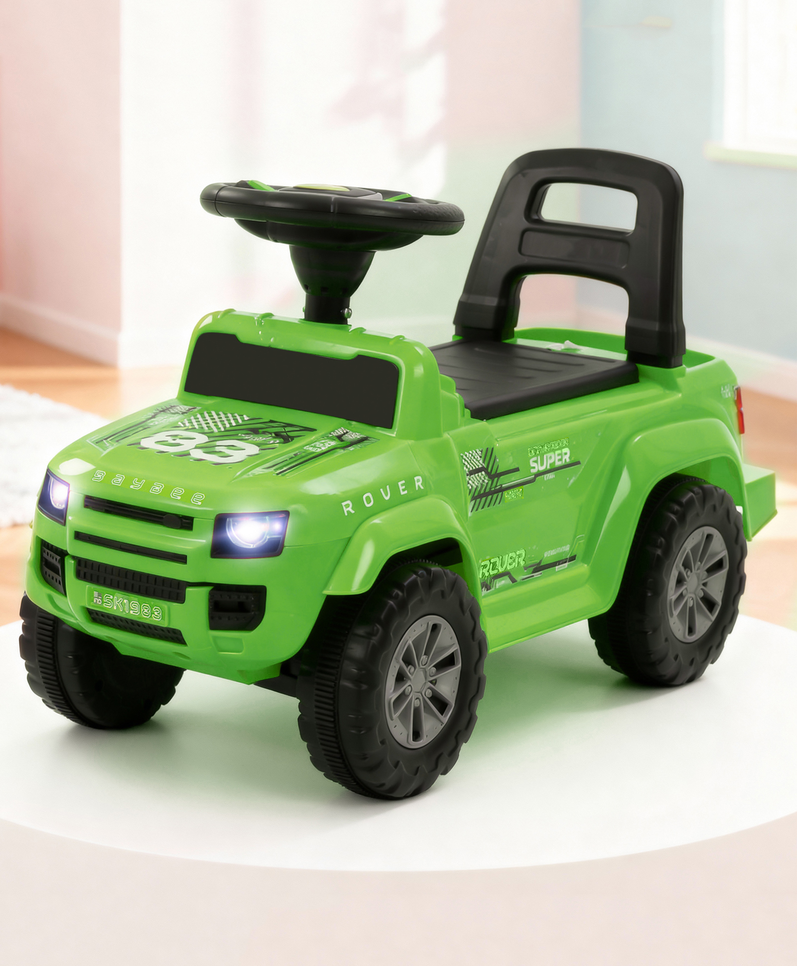 Baybee Rover Baby Ride on Car for Kids | Push Rideons Toys Car with LED Lights & Music | Portable Ride on Jeep with Backrest & Toy Storage Basket | Kids Car to Drive (Flowrecent Green)-picture-15