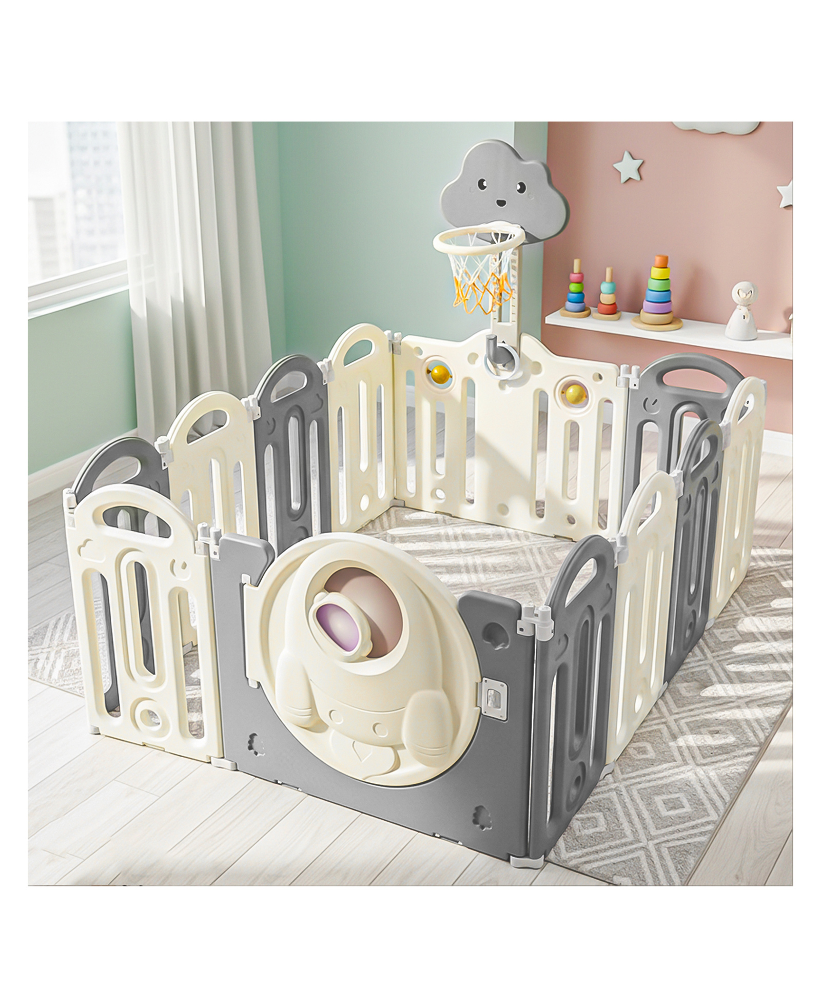 Baybee Kids Playpen for Babies | Foldable Baby Play Area Indoor Setup with Basket Ball Hoop, Safety Door Lock & Double Knob| Outdoor Play Pen for Baby (Grey-12 Panels)-image-45