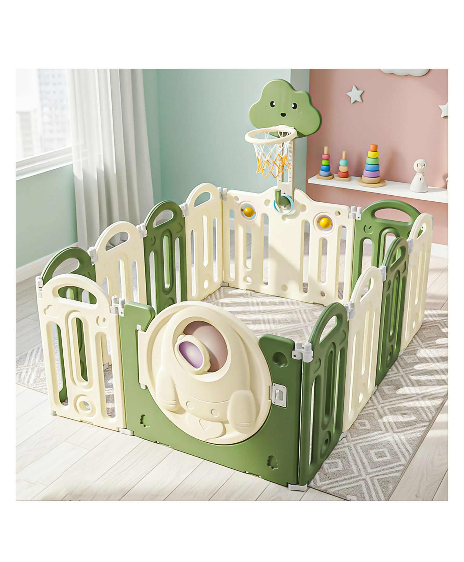 Baybee Kids Playpen for Babies | Foldable Baby Play Area Indoor Setup with Basket Ball Hoop, Safety Door Lock & Double Knob| Outdoor Play Pen for Baby (Green-12 Panels)-picture-19