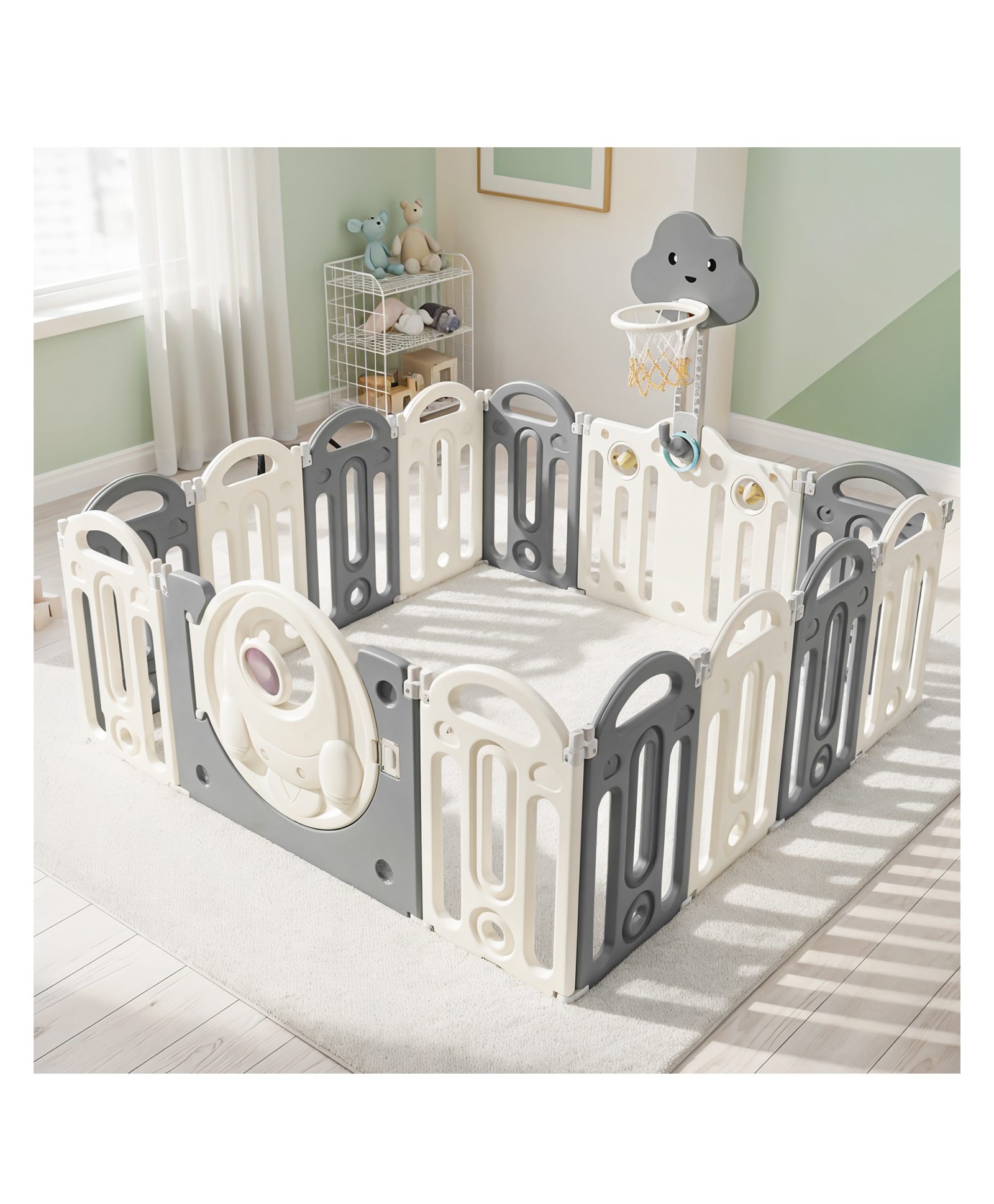 Baybee Kids Playpen for Babies | Foldable Baby Play Area Indoor Setup with Basket Ball Hoop, Safety Door Lock & Double Knob| Outdoor Play Pen for Baby (Grey-14 Panels)-picture-12