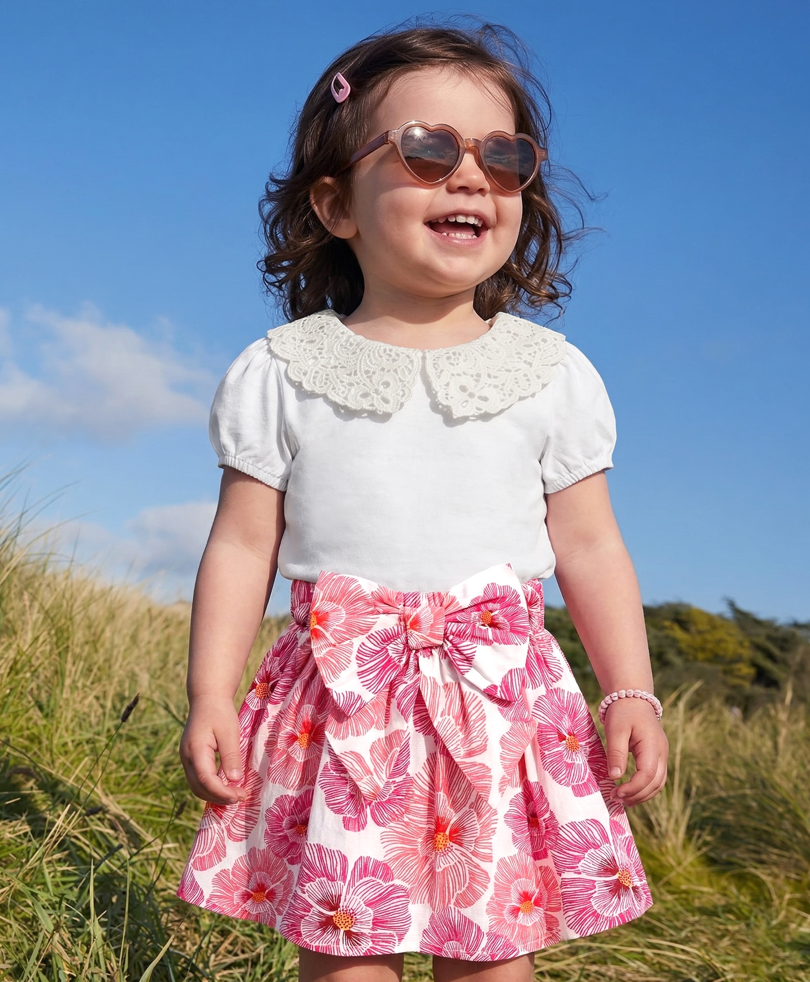 Babyoye Poplin Woven Half Sleeves Top & Skirt Set With Floral Print & Bow Applique - Pink-image-18