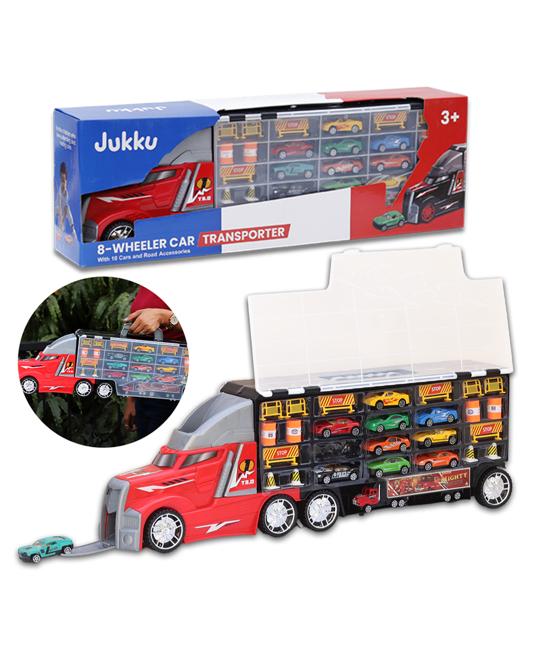 Jukku 8 Wheeler Car Transporter with 10 Cars, 1 Mighty Truck, 16 Road Accessories & 1 Roadmap Game - Red-image-14