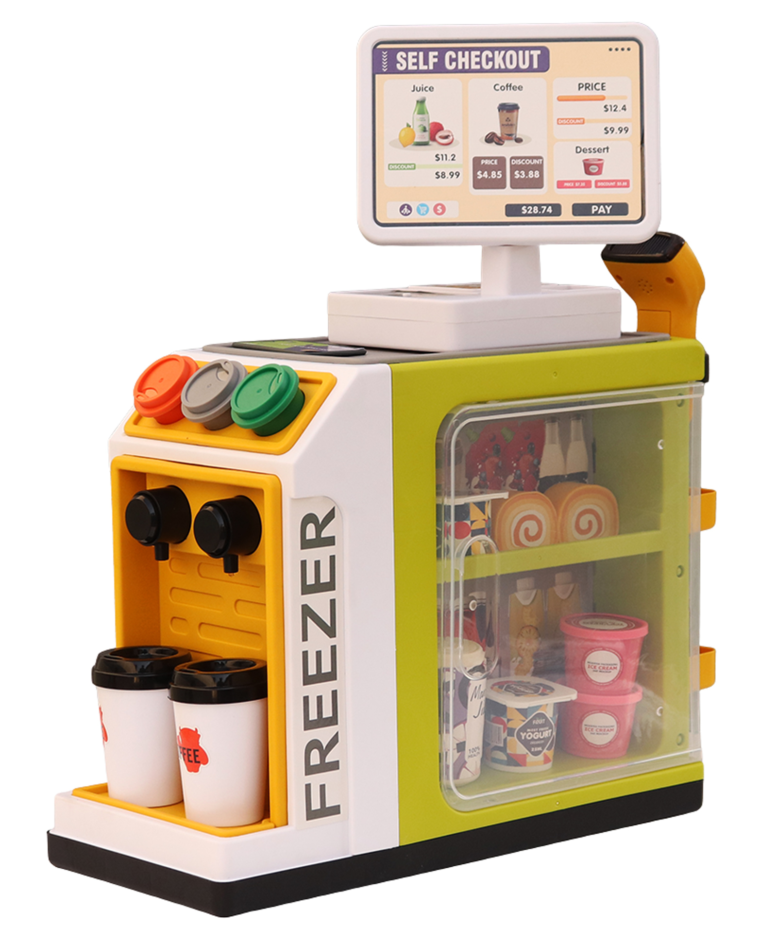 Jukku 50 Pieces Supermarket play Set with Real Water Dispenser and Pretend Scanner - Green-image-2