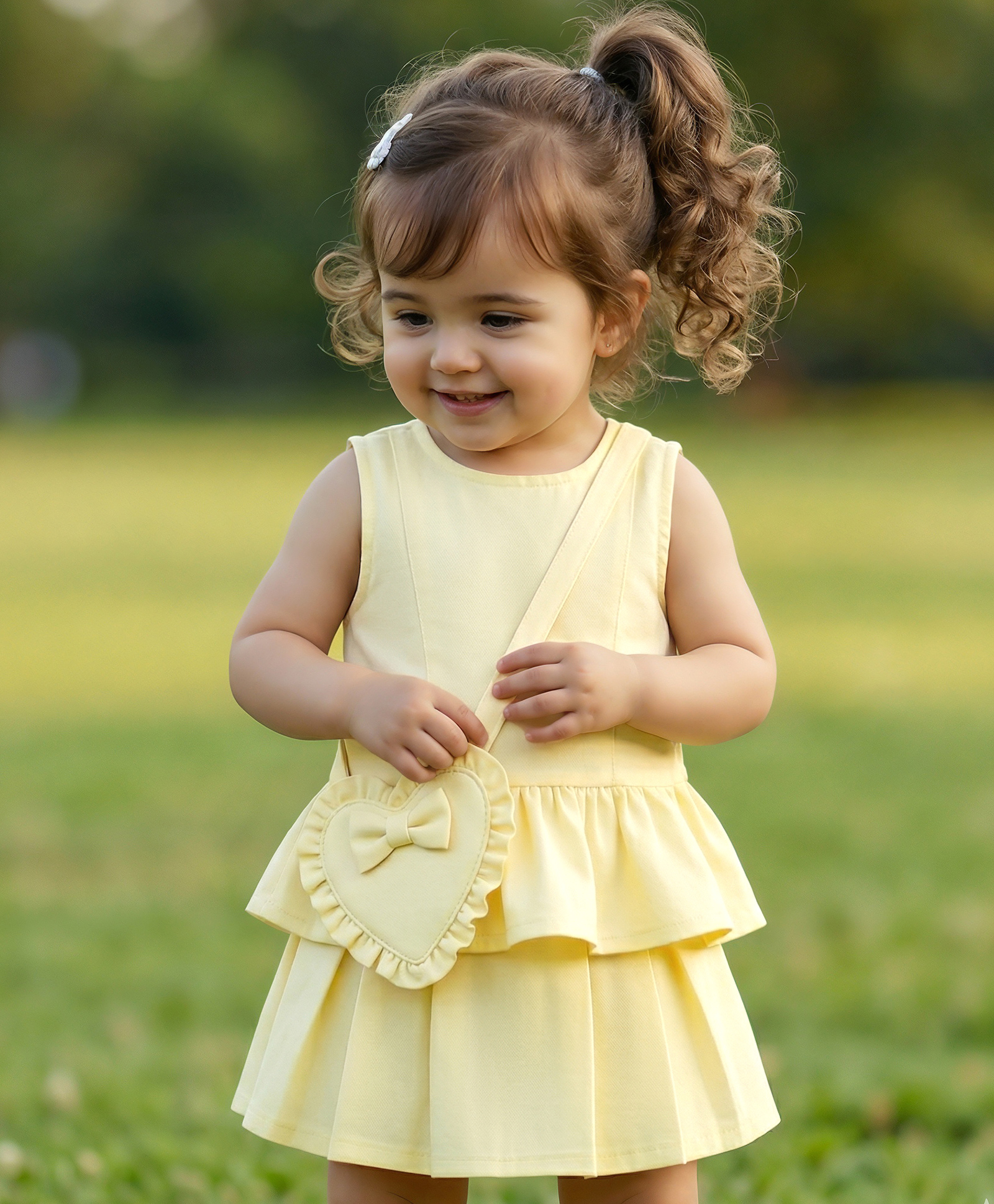 Babyoye Chambray Woven Sleeveless Solid Top & Skirt Set with Sling Bag - Beige-image-30