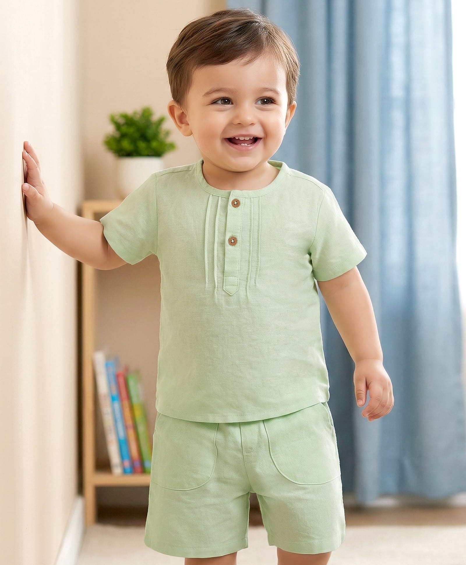 Babyoye Cotton Woven Half Sleeves Solid T-Shirt & Shorts Set - Lime Green-picture-14