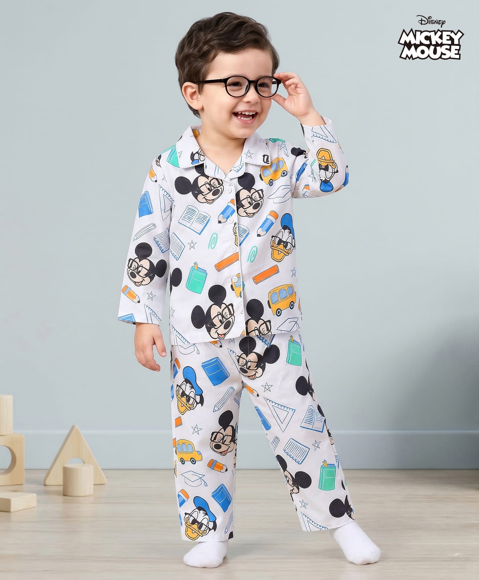 Babyhug Disney Cotton Woven Full Sleeves Mickey Mouse Printed Shirt & Pyjama Co-Ord Night Suit - White-image-45