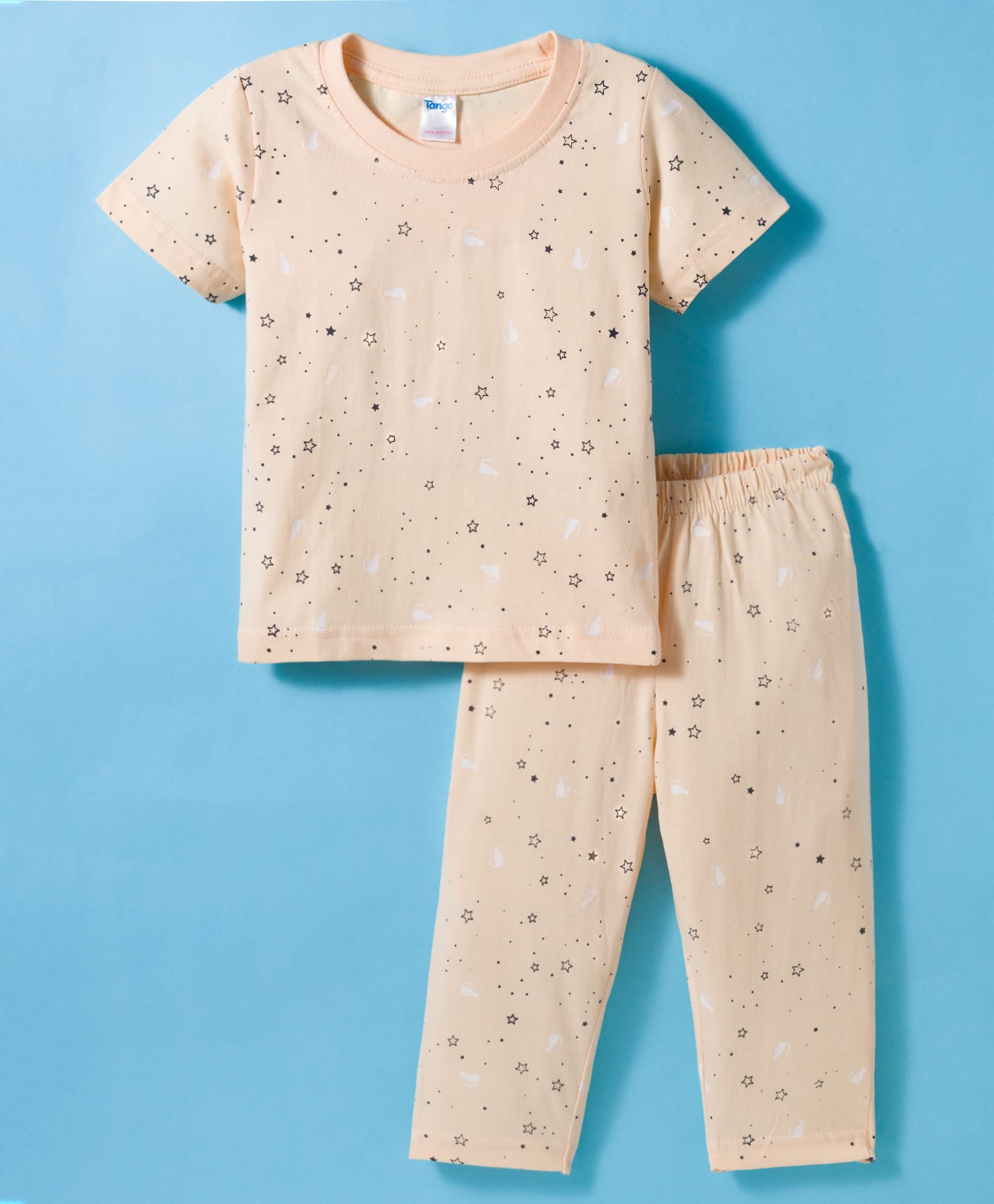 Tango Single Jersey Knit Half Sleeves Co-ords Night Suit With Star Print - Beige-image-8