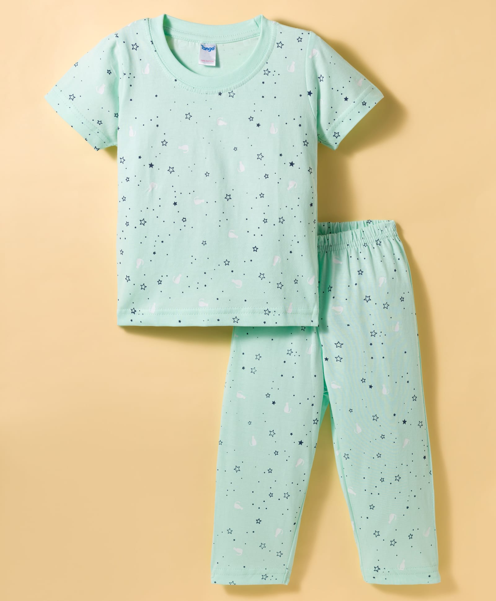 Tango Single Jersey Knit Half Sleeves Co-ords Night Suit With Star Print - Mint-picture-36