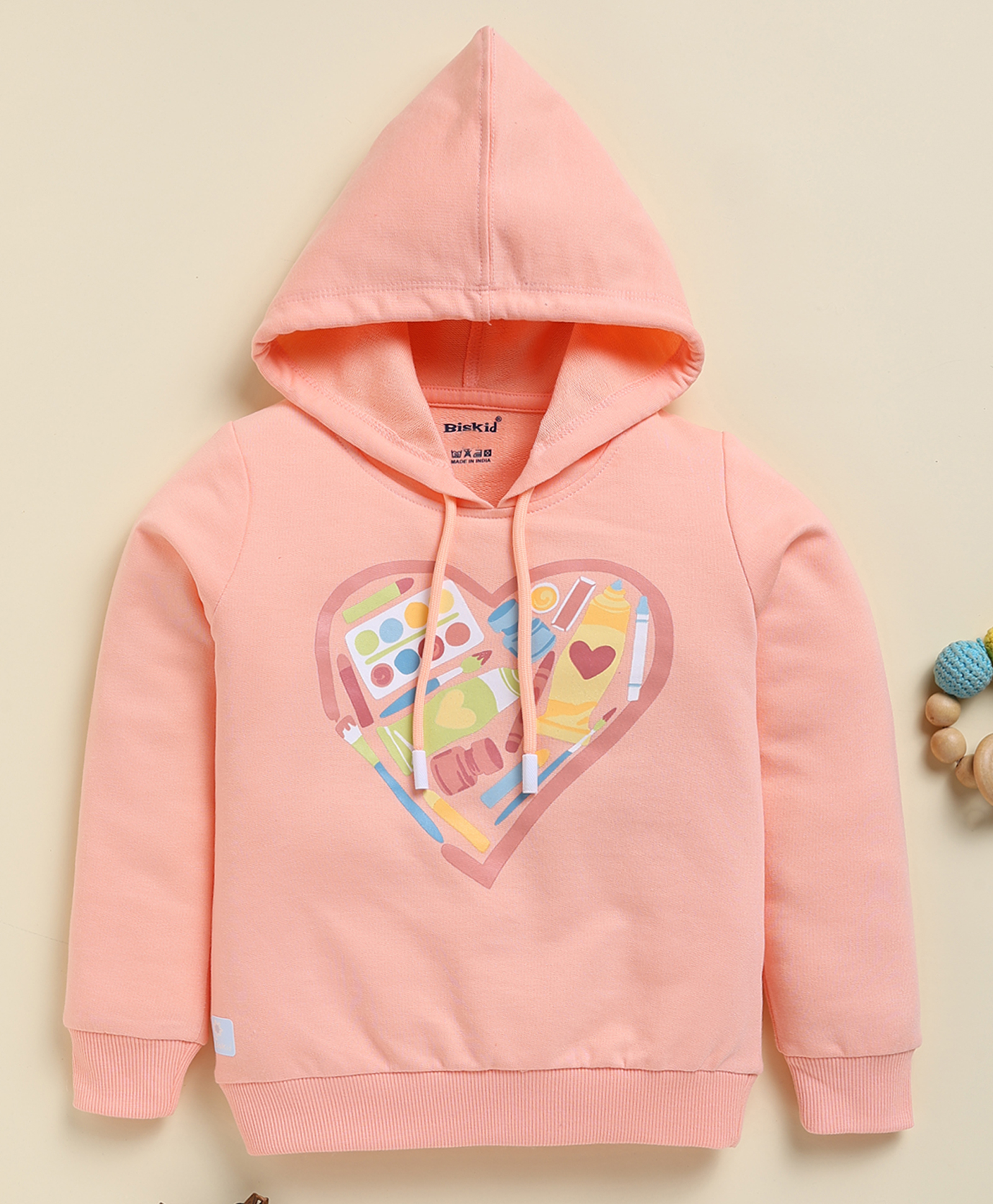 Biskid Cotton Knit Full Sleeves Heart Printed Hooded Sweatshirt - Peach-picture-36