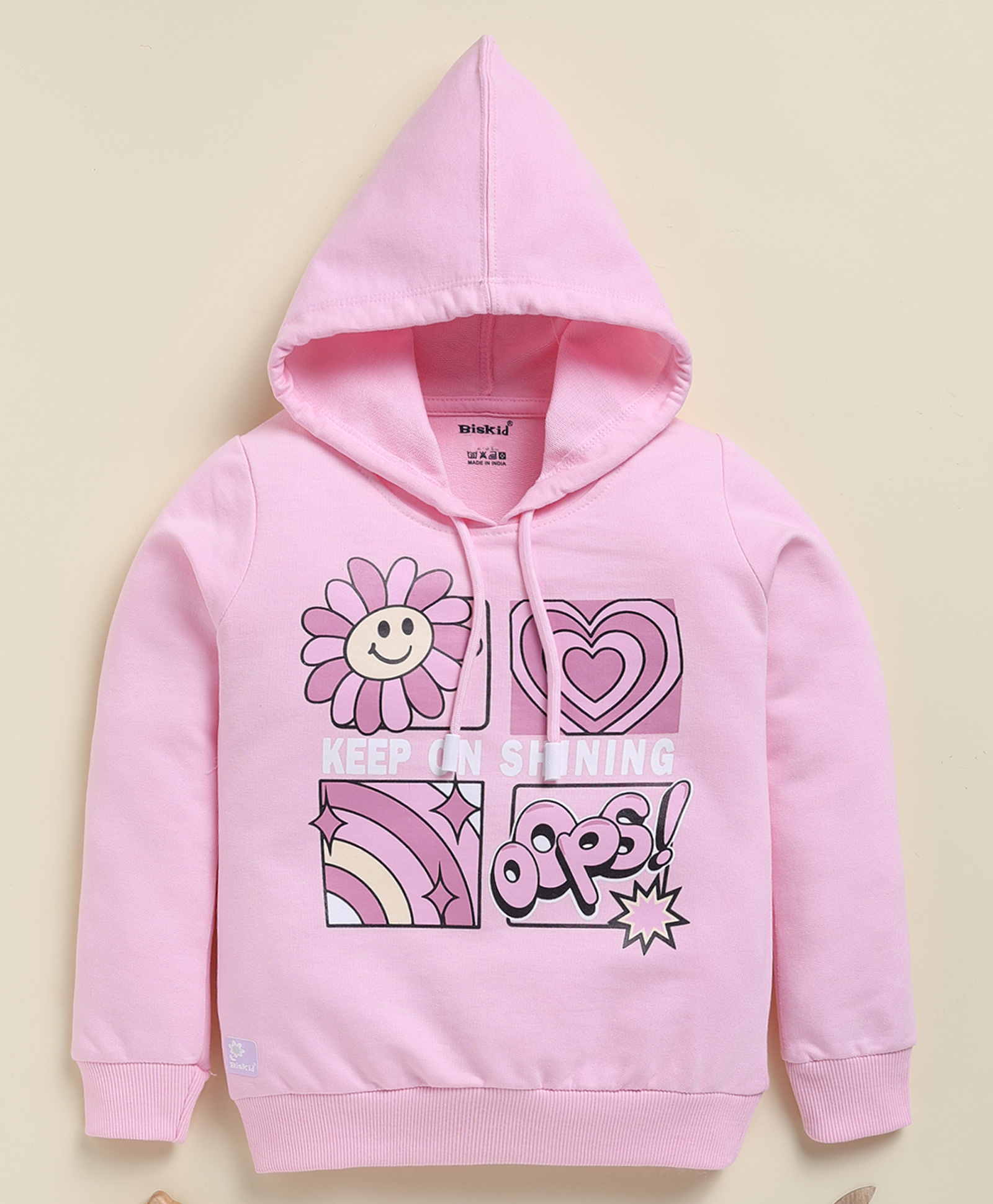 Biskid Cotton Knit Full Sleeves Keep On Shining Text Printed Hooded Sweatshirt - Pink-picture-25