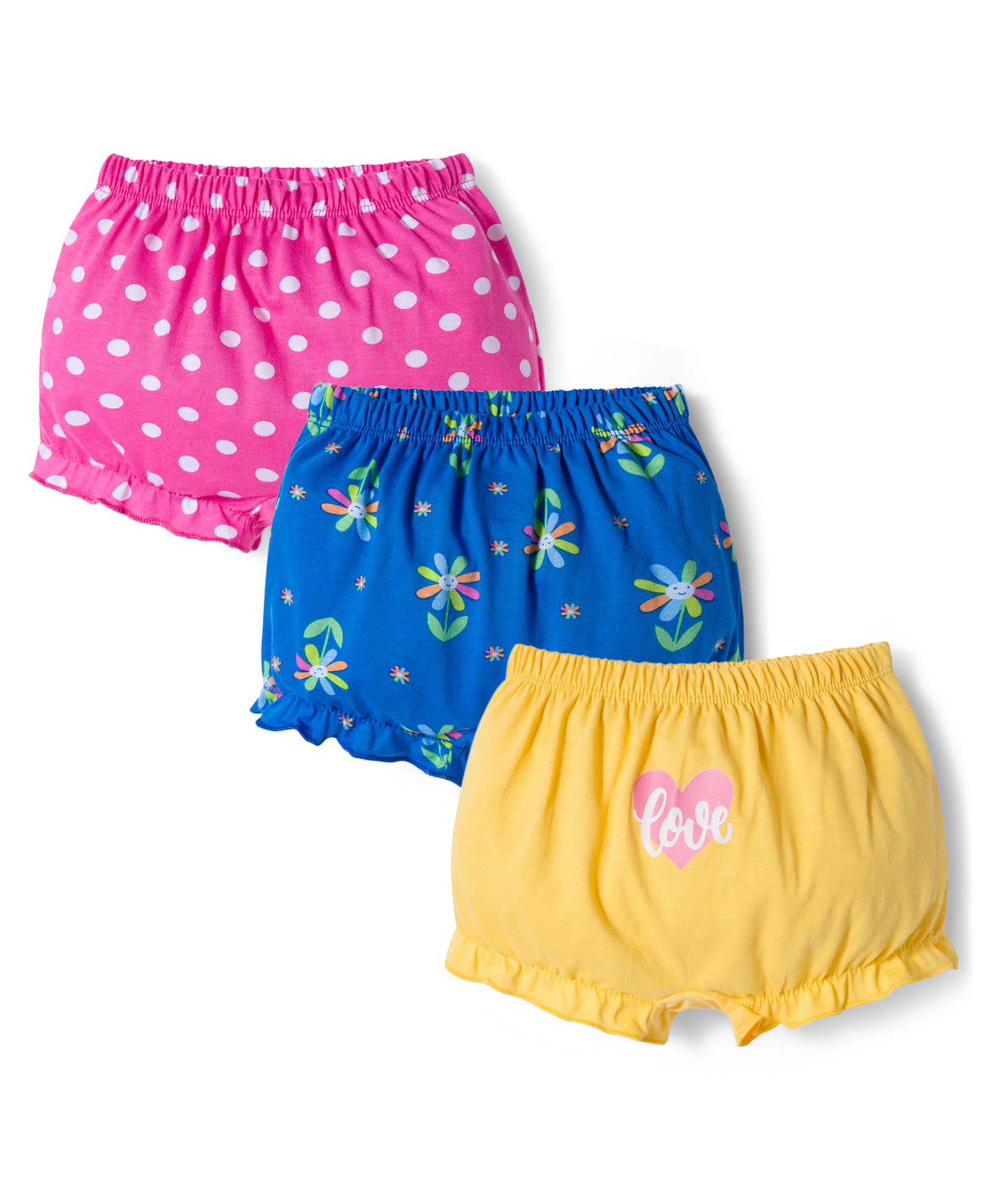 Babyhug 100% Cotton Knit Bloomers with Floral & Polka Dot Print Pack of 3 - Yellow Blue & Pink-image-16