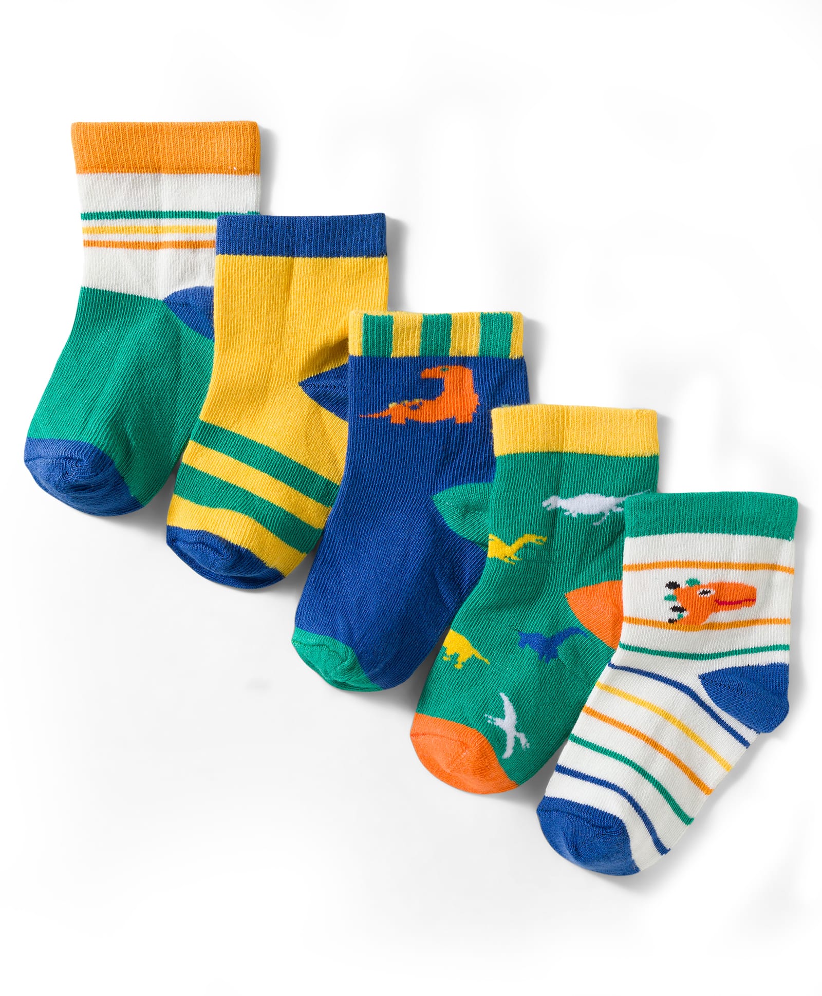 Cute Walk by Babyhug Non Terry Knit Ankle Length Anti Bacterial Socks With Stripes & Dinosaur Design Pack of 5 - Multicolour