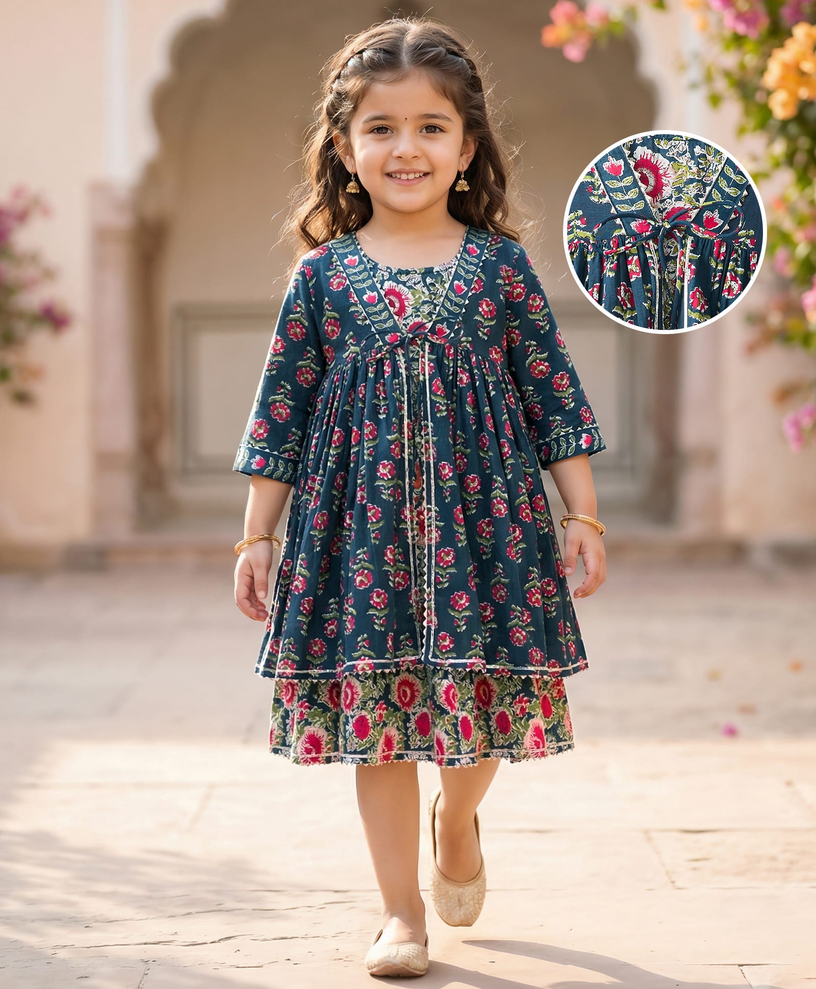 Babyhug Cambric Woven Three Fourth Sleeves Ethnic Dress With Floral Print - Blue-image-34