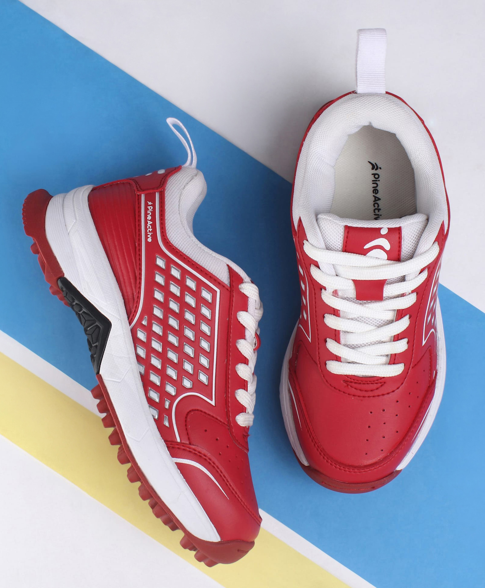 Pine Active Lace Up Solid Cricket Shoes - Red & White-picture-21