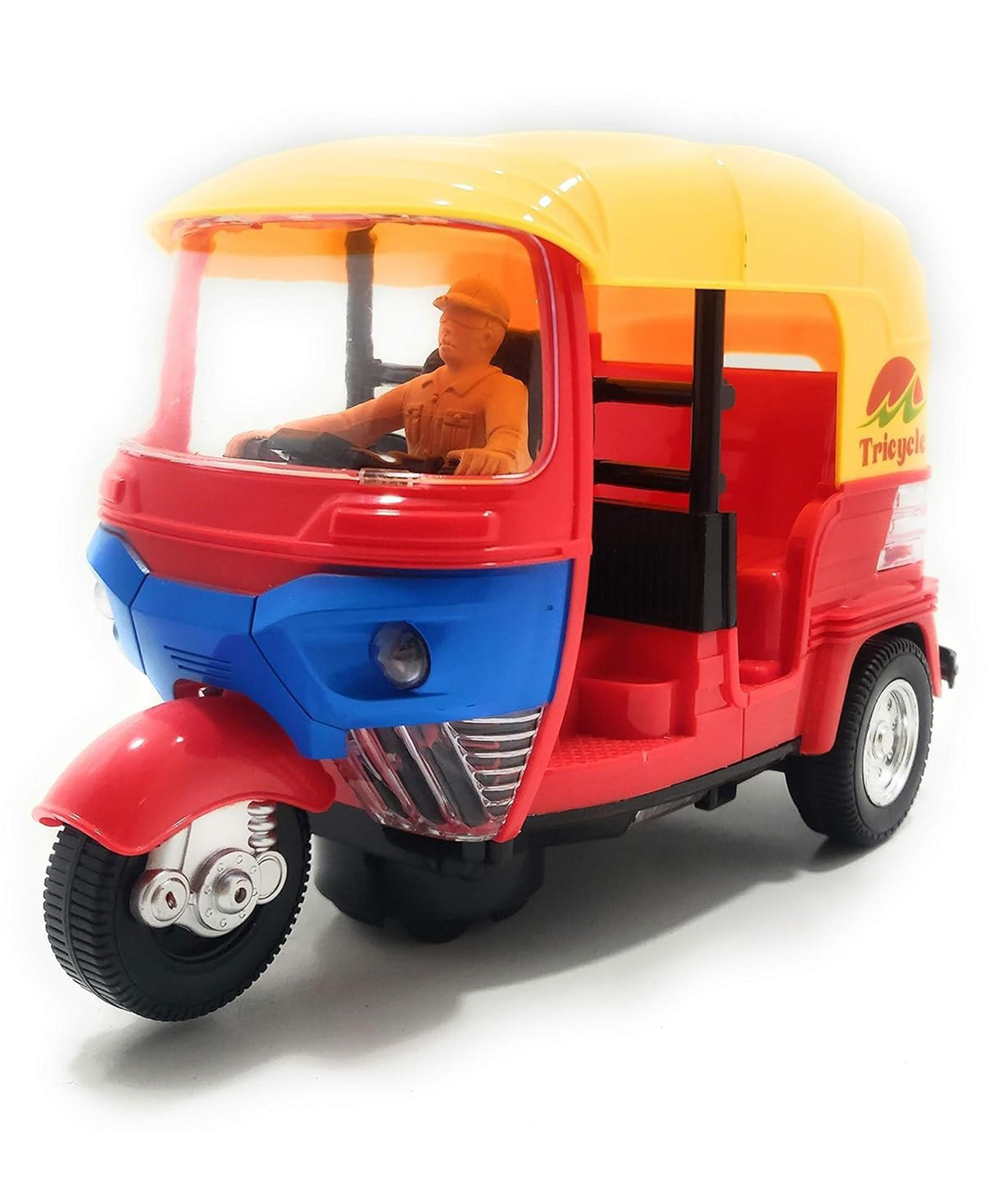 VELLIQUE Battery Operated Bump & Go Tricycle Auto Rickshaw Toy with Flashing Lights IC Sound Driver Figure for Kids 3+ - COLOR MAY VARY-image-7