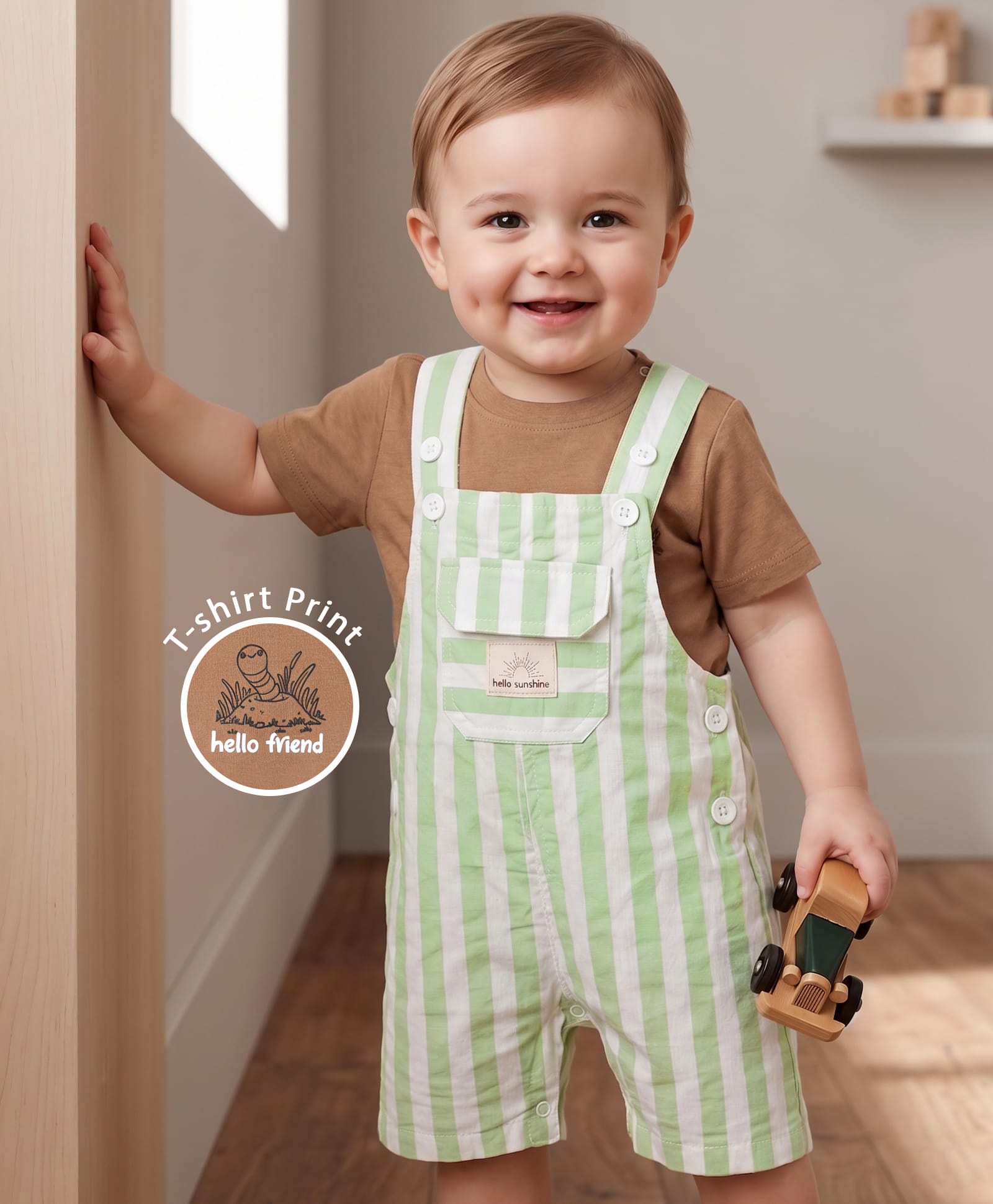 Babyoye 100% Cotton Yarn Dyed Woven Striped Dungaree & Half Sleeves Inner Tee with Text Patch - Sea Green & Brown-image-40