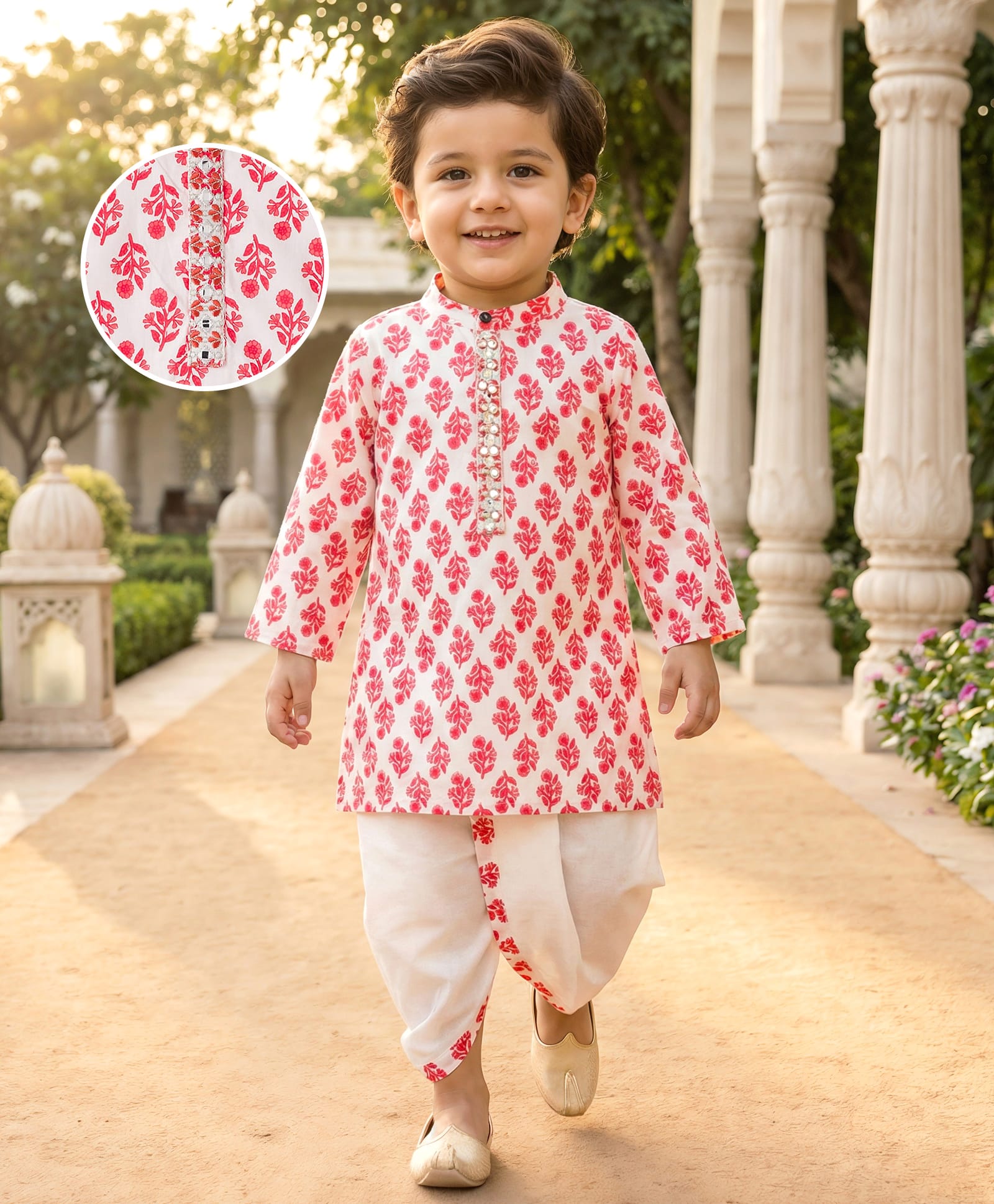 Babyhug Cotton Woven Full Sleeves Floral Printed Kurta Dhoti Set - White-picture-11
