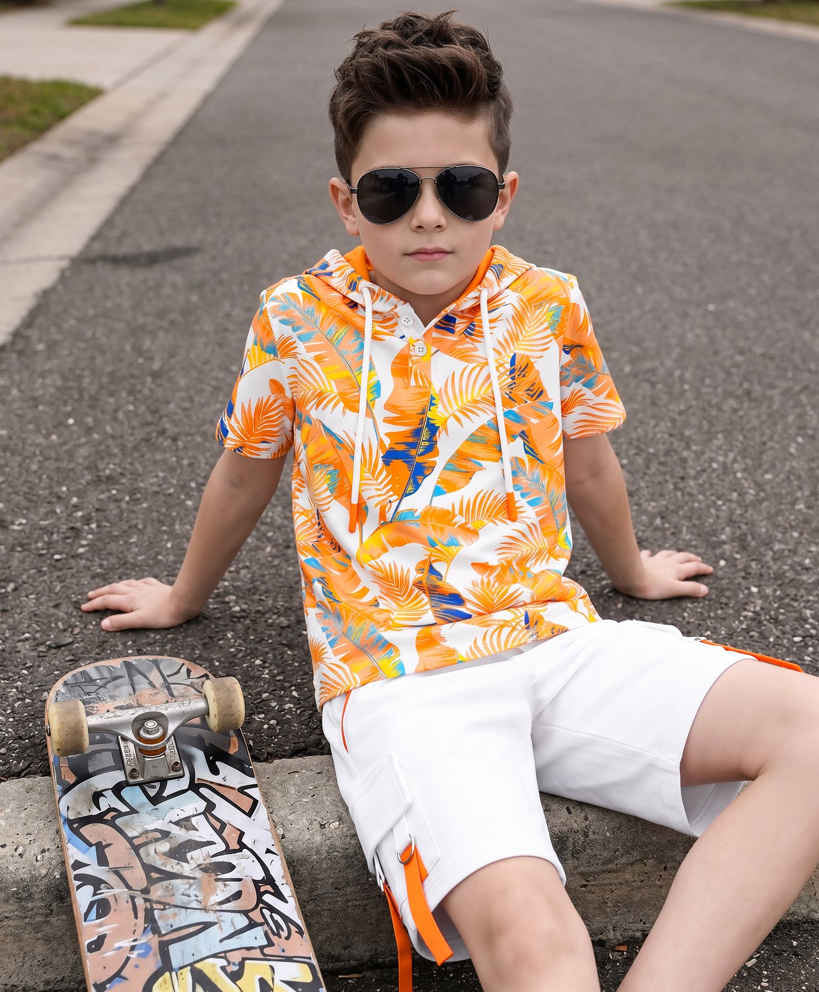 OLLINGTON ST. Cotton Knit Half Sleeve Tropical Theme Printed Hooded T- Shirt & Shorts - Multicolor & White-picture-16