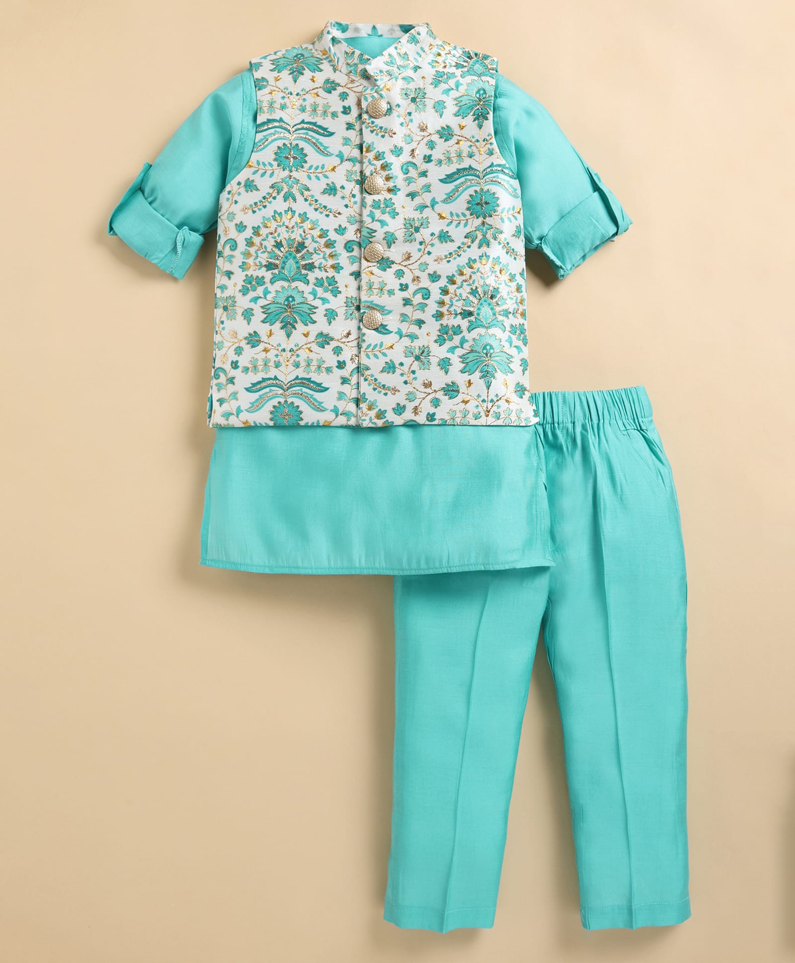 LITTLE COLLARS Cotton Slik Knit Full Sleeves Solid Kurta & Pyjama With Floral Printed & Threadworl Detailed Jacket - Green-picture-13