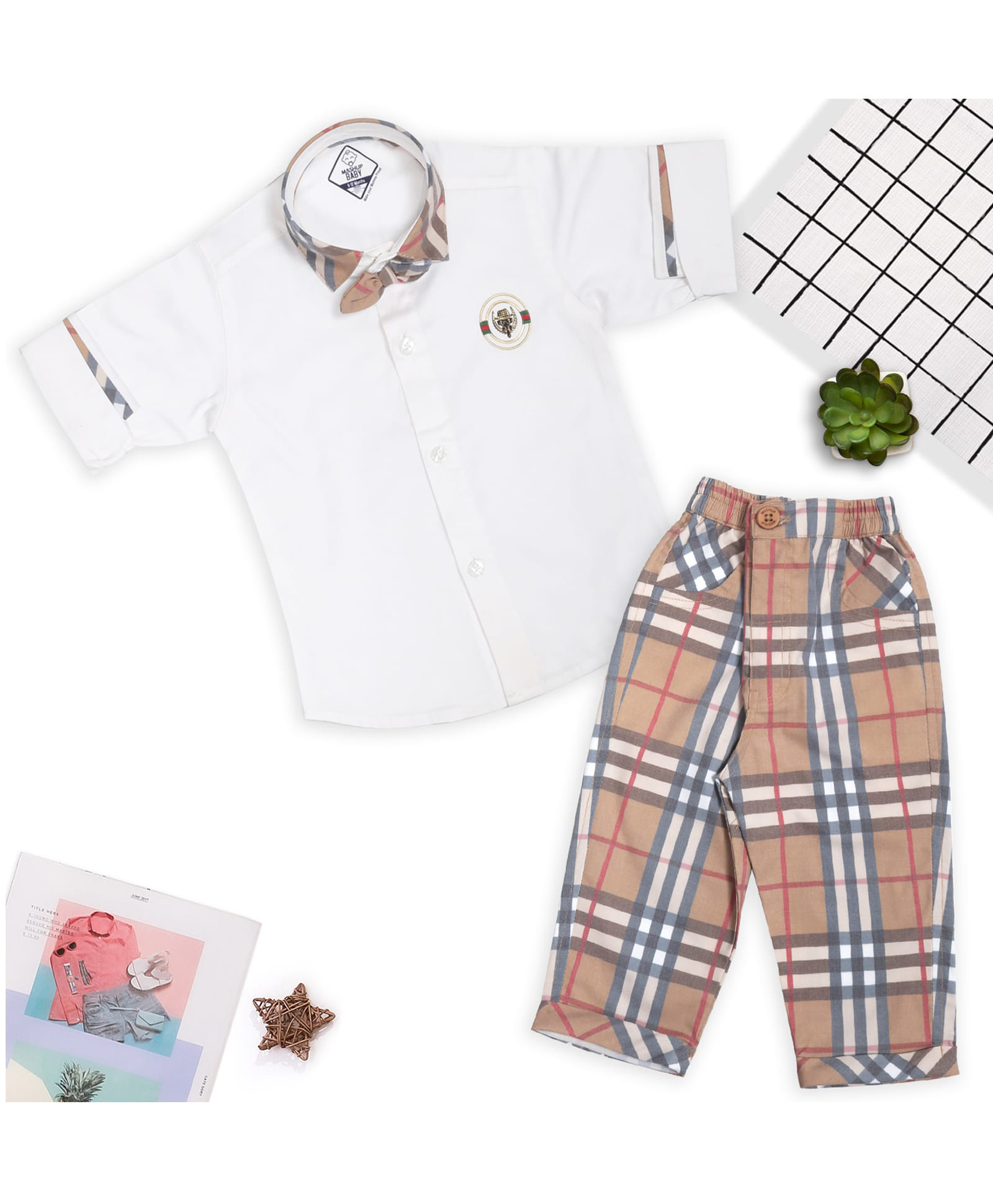 MASHUP Cotton Knit Half Sleeves Placement Checked Bow Applique Detailed Shirt & Trousers Set - Khaki-image-3