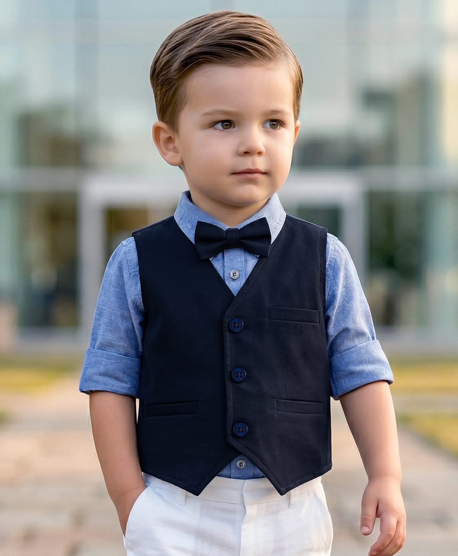 Babyoye 100% Cotton Woven Full Sleeves Solid Party Shirt With Waistcoat & Bow - Blue-picture-19