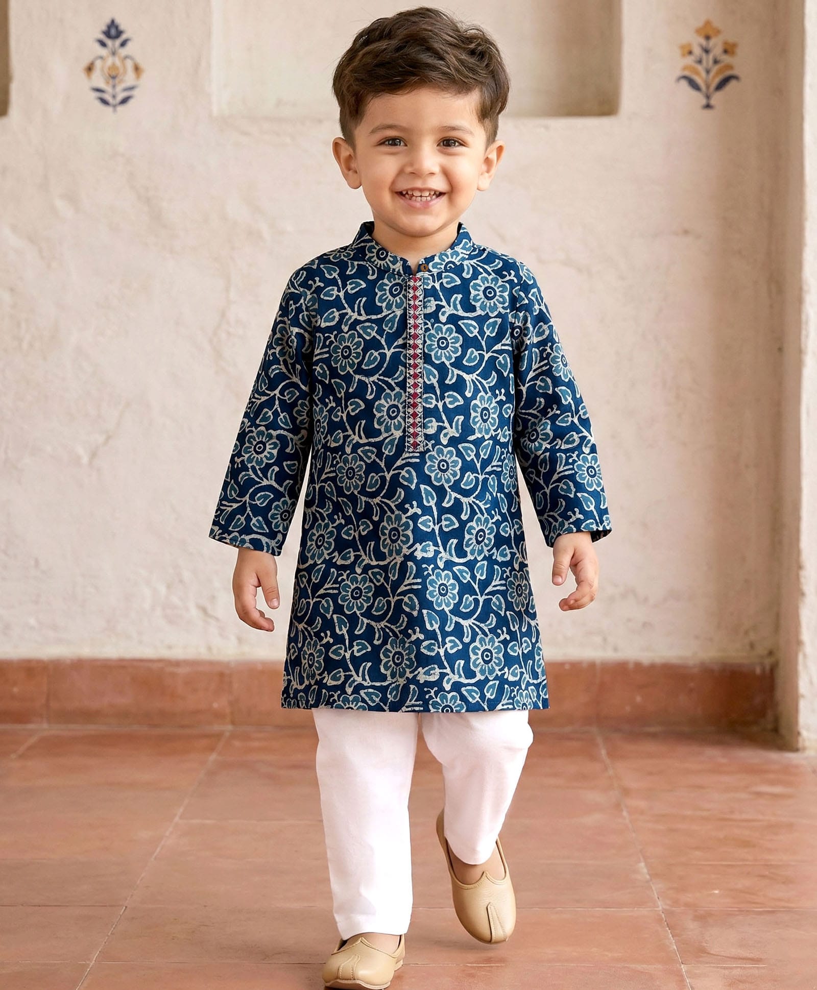 Babyhug Cambric Cotton Woven Full Sleeves Kurta Pajama Set with Floral Print - Blue-picture-22