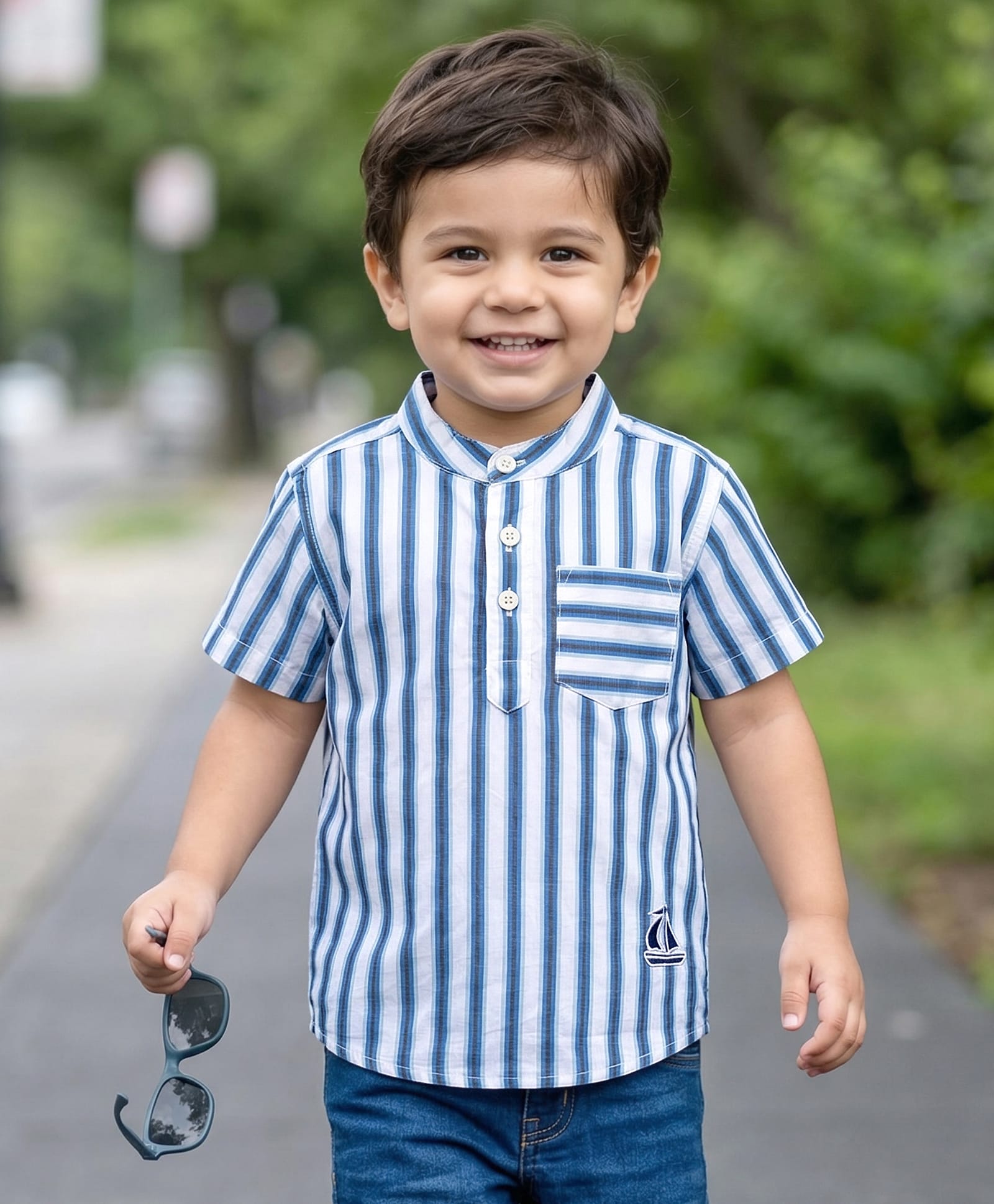 Babyhug Cotton Woven Half Sleeves Mandarin Collar Striped Kurta Shirt - Blue-image-1