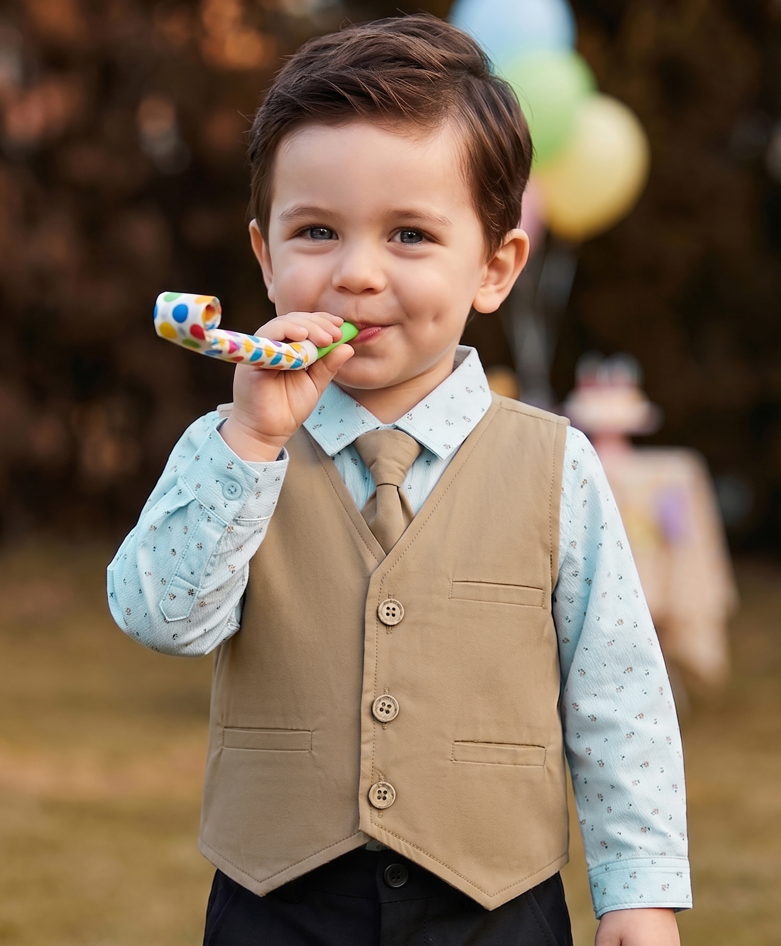 Babyoye 100% Cotton Knit Full Sleeves Printed Party Shirt With Waistcoat & Tie - Blue-picture-26