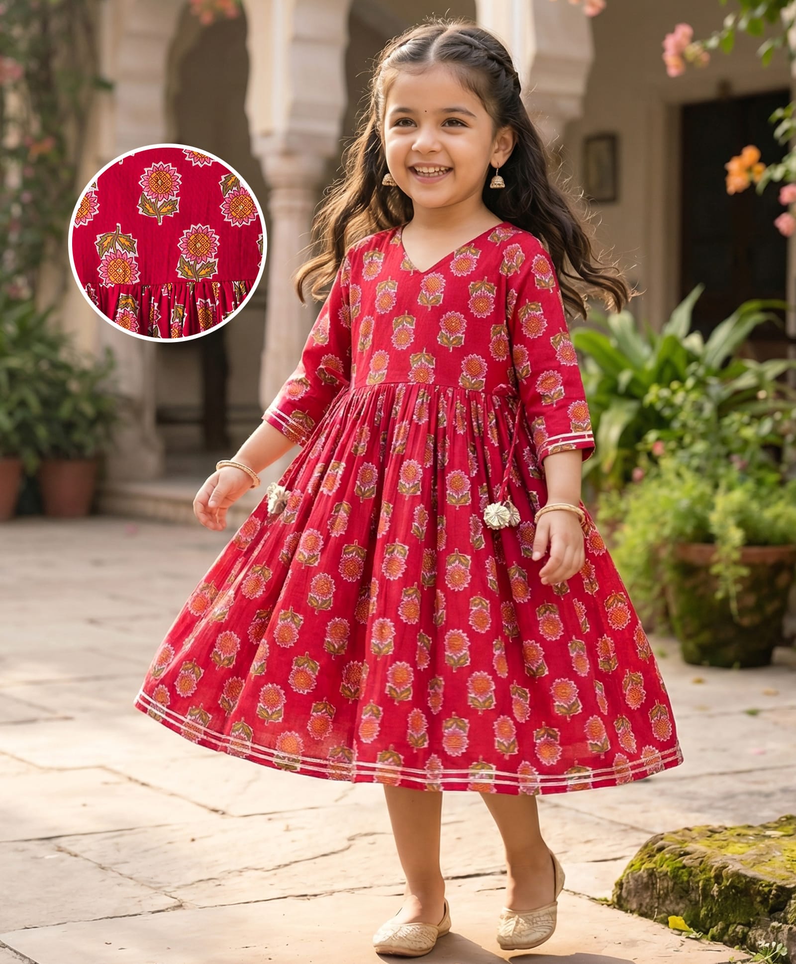 Babyhug Cotton Woven Three Fourth Sleeves Ethnic Dress with Floral Print - Red-image-39