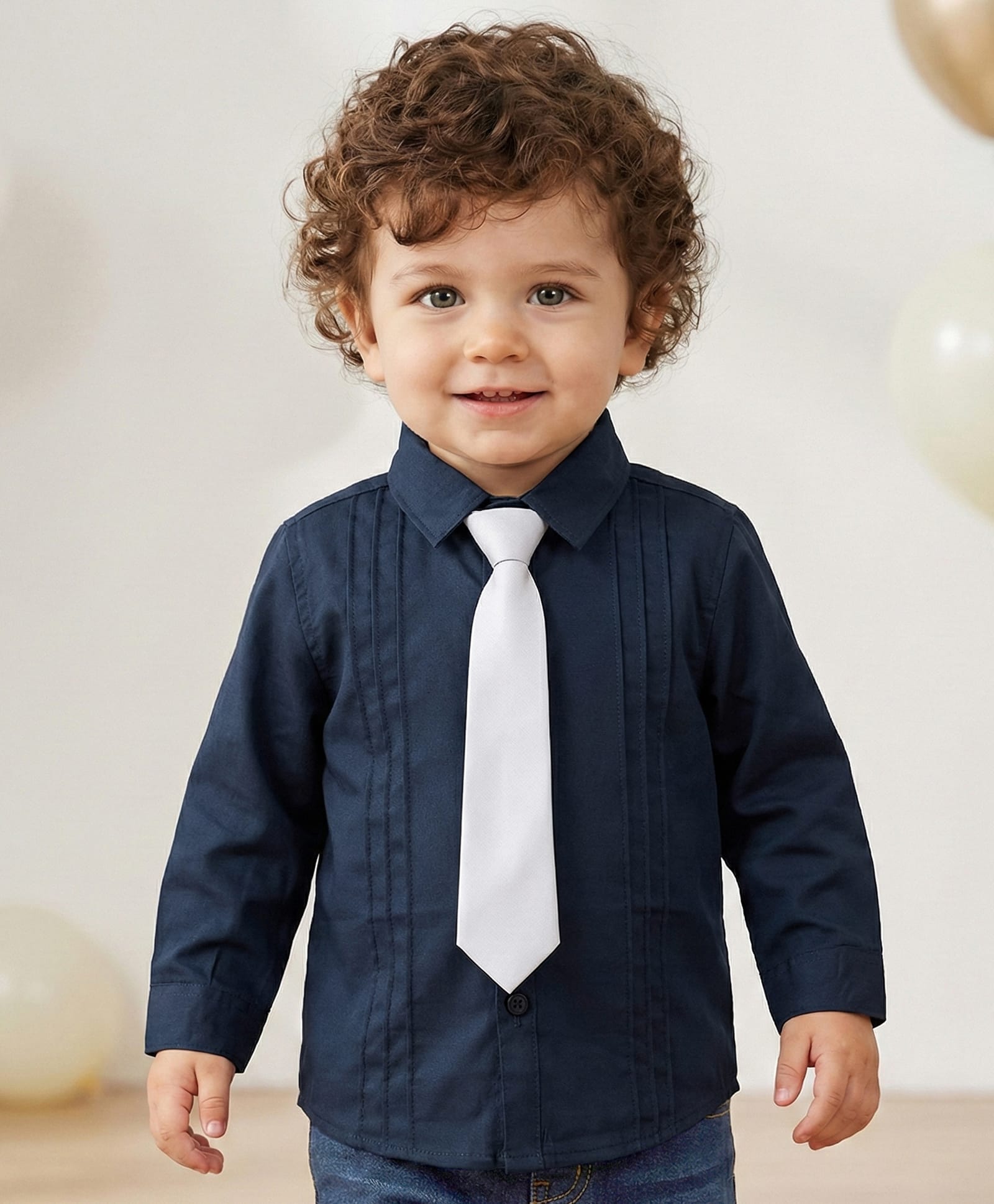 Babyoye 100% Cotton Woven Full Sleeves Solid Party Shirt With Tie - Navy Blue-picture-17