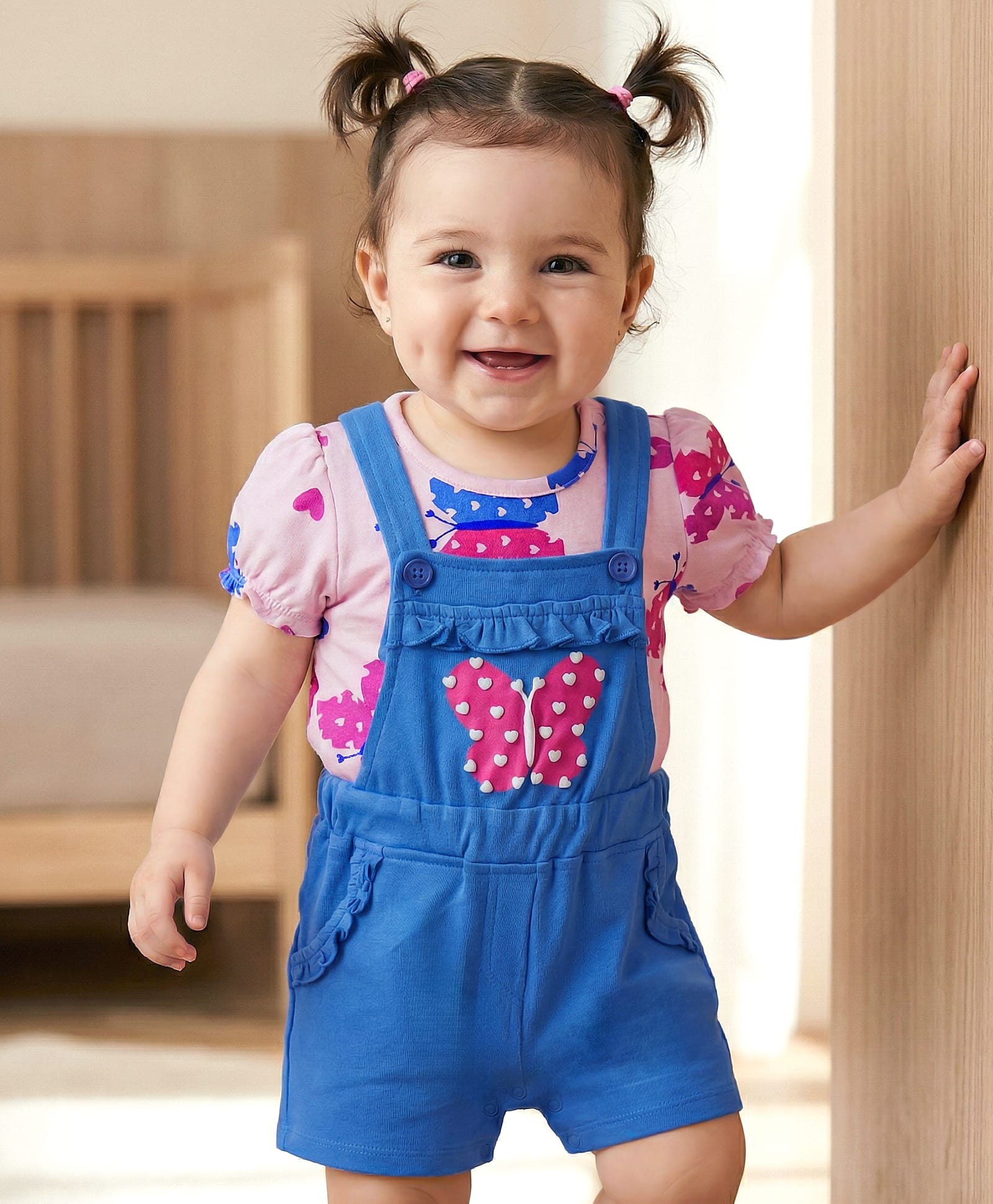 Babyoye 100% Cotton Knit Eco Conscious With Eco Jiva Finish Half Sleeves Butterfly Printed T-Shirt & Dungaree - Blue & Pink-image-32